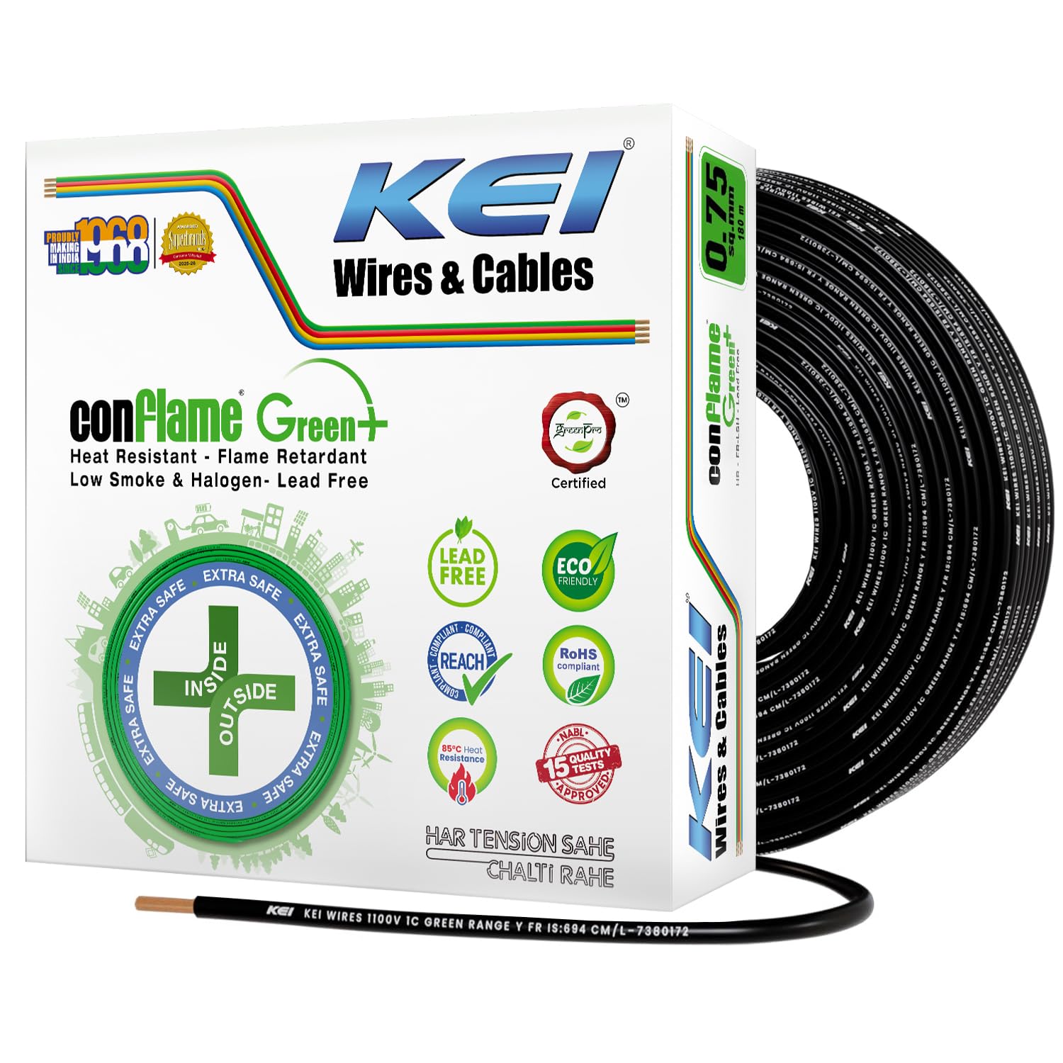 KEI CONFLAME GREEN PLUS 0.75 sqmm 1 Core, 99.97% Pure Copper Conductor,FRLSH - Lead Less Insulation House Wire Suitable for Domestic & Industrial Electrical Wiring (Black, 90 Meters)
