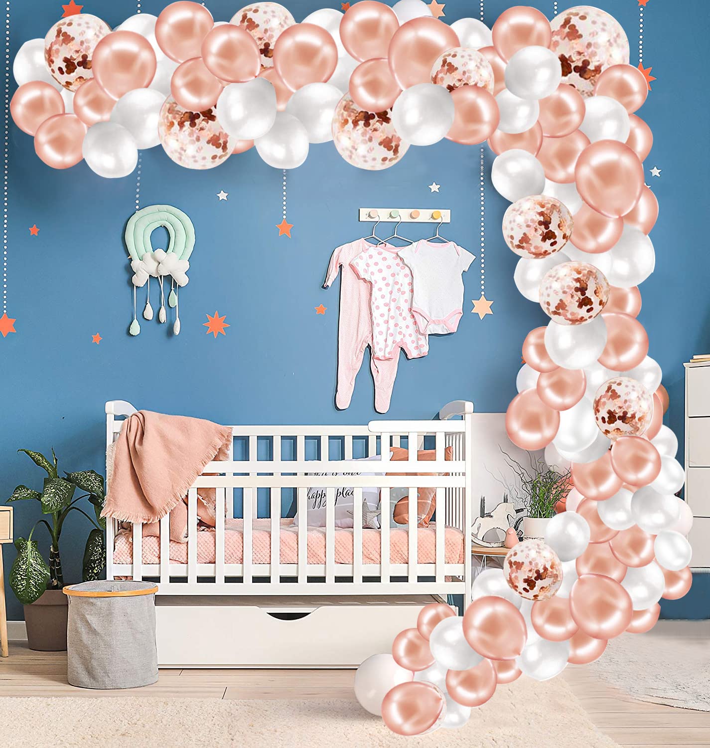 Balloon Arch Garland Kit, 132pcs Rose Gold Birthday Party Decoration, 10pcs Confetti Balloon 120pcs Rose Gold White Latex Balloon and Tape Strips, Decoration Balloons for Birthday Wedding Baby Shower
