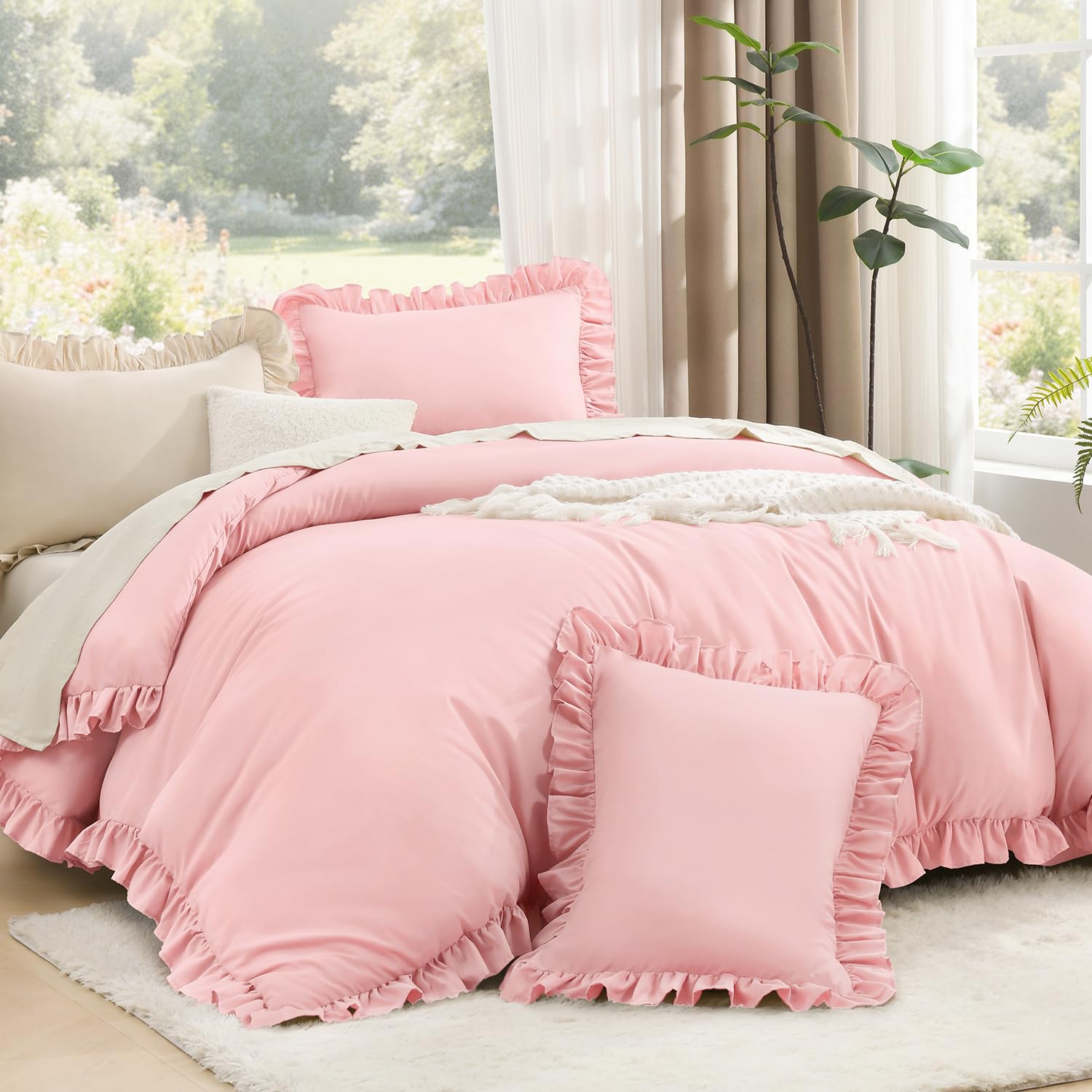 Edredón rosa Queen para dormitorio juvenil estético juego de cama acogedor con volantes suaves