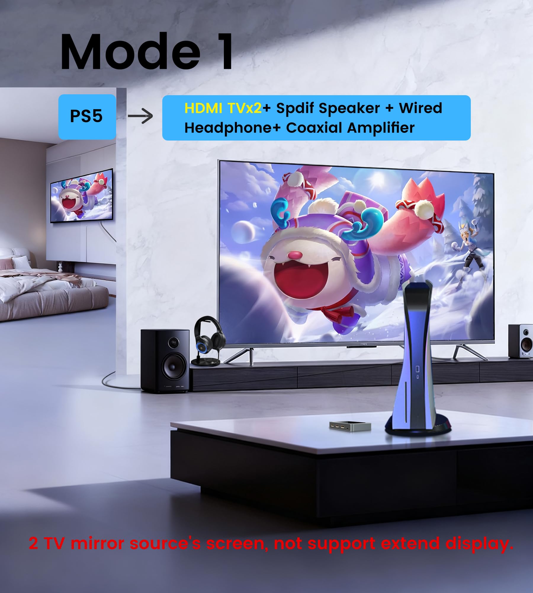 HDMI Audio Extractor 4K@60Hz Splitter 1 In 2 Out mit Audio Out, HDMI zu 2X hdmi + Toslink SPDIF + Koaxial + 3,5mm, unterstützt Dobly Atmos 7.1, DTS, HDCP 2.3, Down Scaler, ideal für TV, PS5, Soundbar