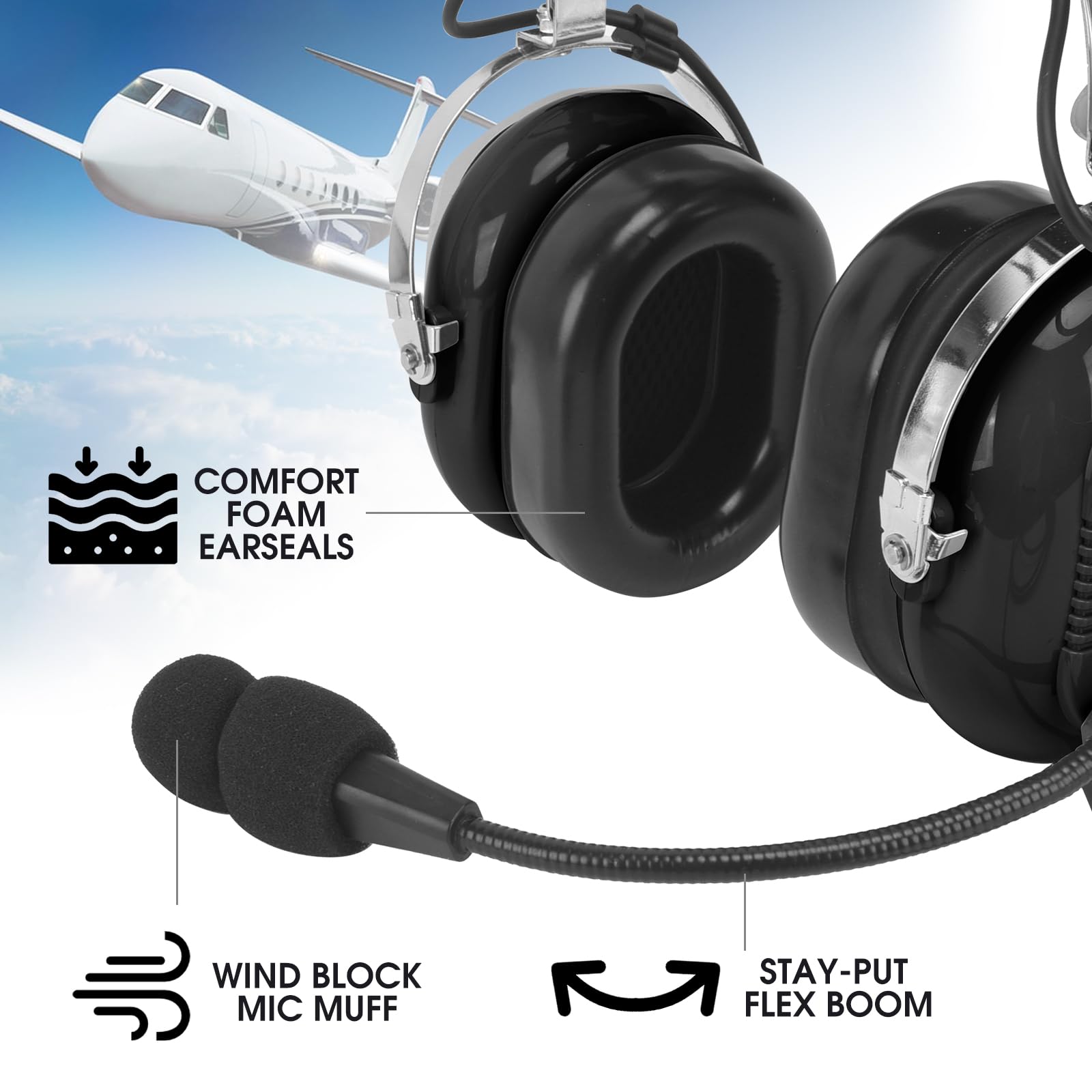 Casque d'aviation GA avec réduction du bruit pour pilotes stagiaires débutants PPL étudiants voyageurs occasionnels aviation entretien équipage au sol amateurs de vol (629-A-Noir)