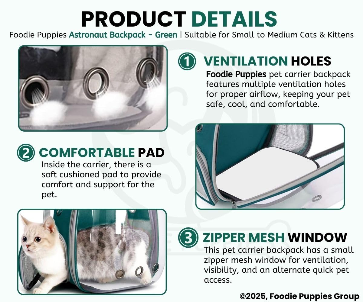 Foodie Puppies Cat Carrier Astronaut Transparent Backpack for Small Dogs, Puppies, Cats and Kittens (Green) | Travel, Hiking & Outdoor Pet Airline-Approved Bag with Breathable Design (35 x24 x40 cm) 1