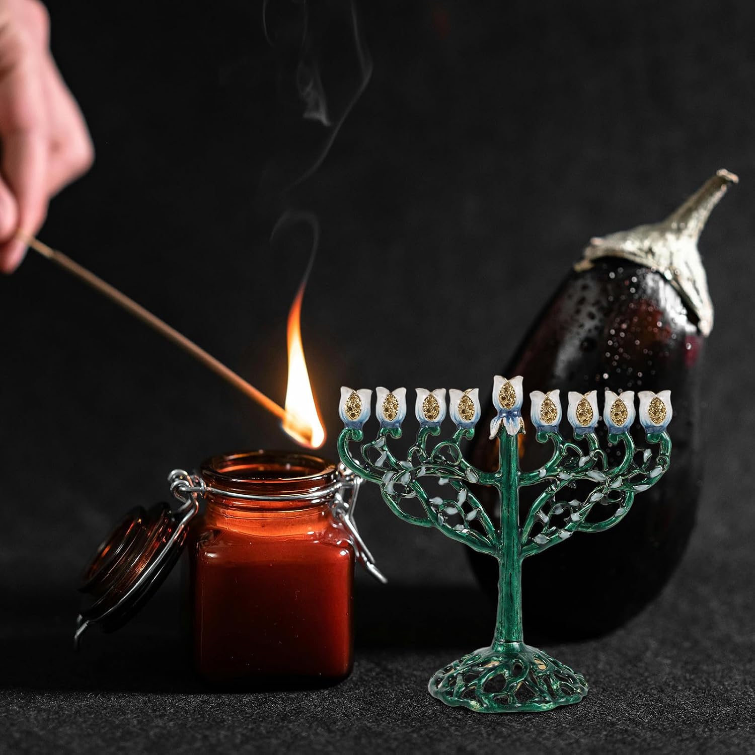 Vintage Menorah Candle Holder Stand 9 Branch Enamel Alloy