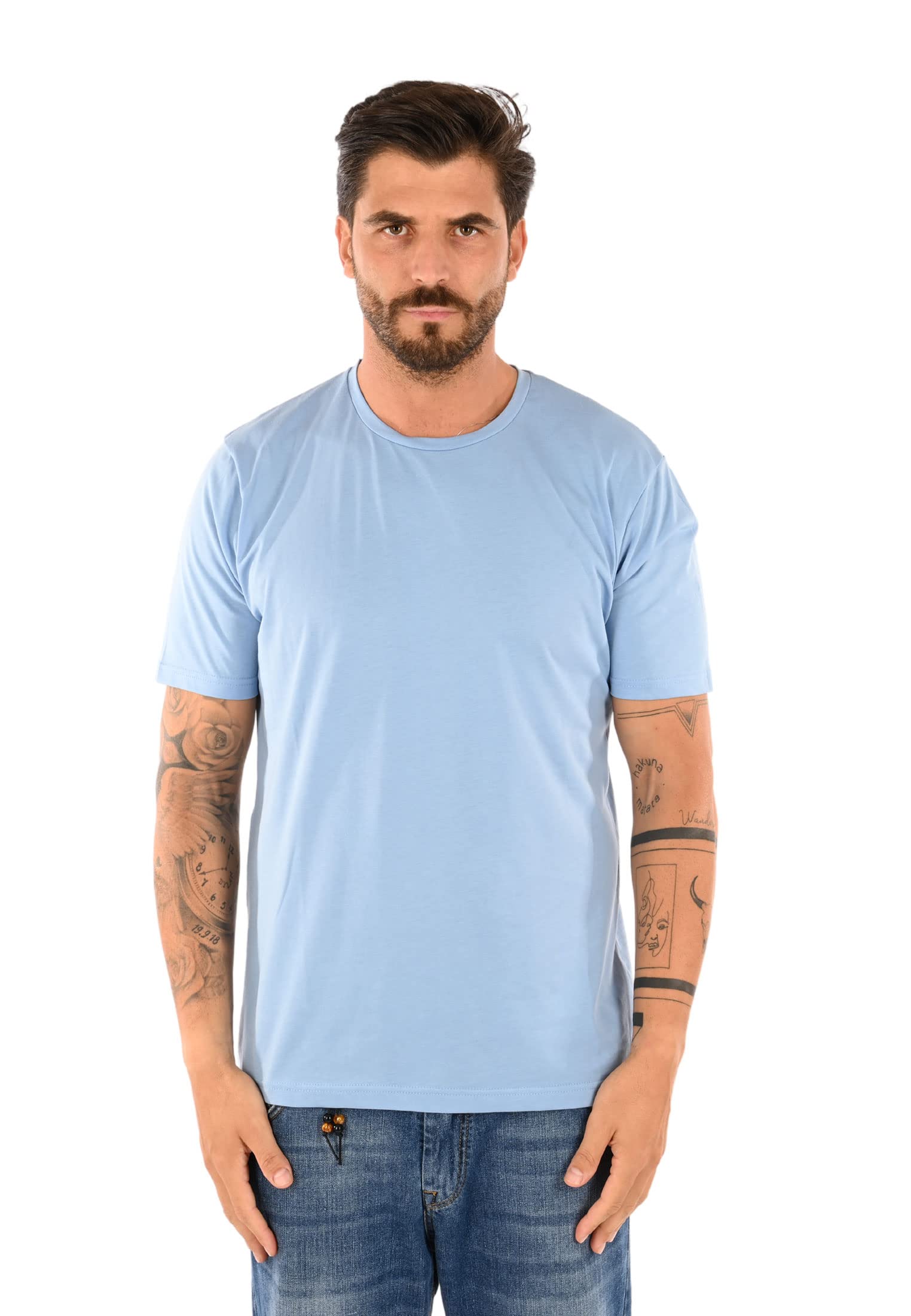 T Shirt męskie okrągły dekolt bawełna z krótkim rękawem, Celeste, XL