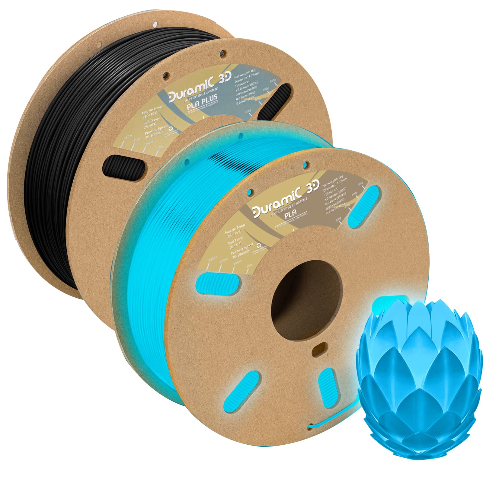 PLA Plus Black and PLA Glow in The Dark Blue Bundle, Duramic 3D Printing Filament 1.75mm, Dimensional Accuracy +/- 0.05 mm