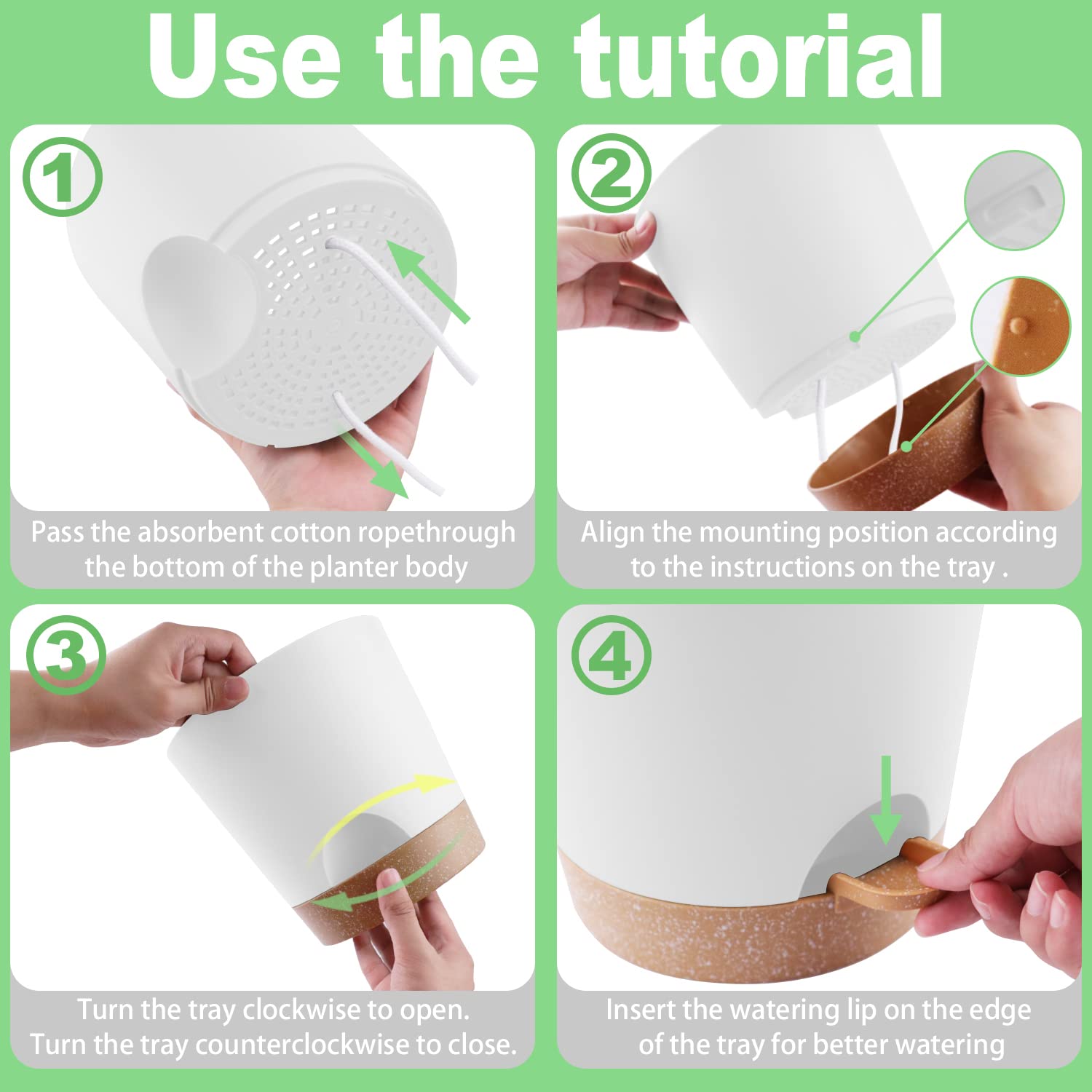 Vaso per piante in plastica con sistema di irrigazione, set di 6 fioriere autoirriganti con piattino, rotondo per piante da giardino da interni e balconi (20,3 cm bianco)