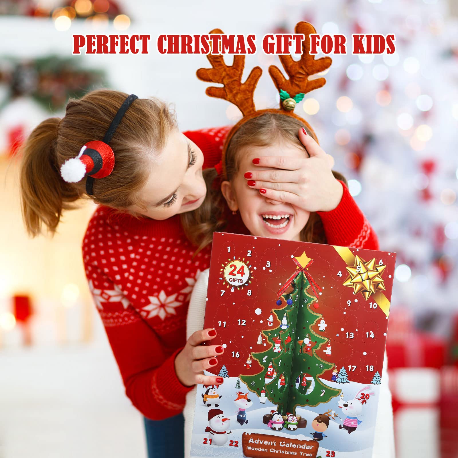 LEMESO Calendario de Adviento Árbol de Navidad Madera 3D con 24 Decoraciones Colgantes 35,5cm