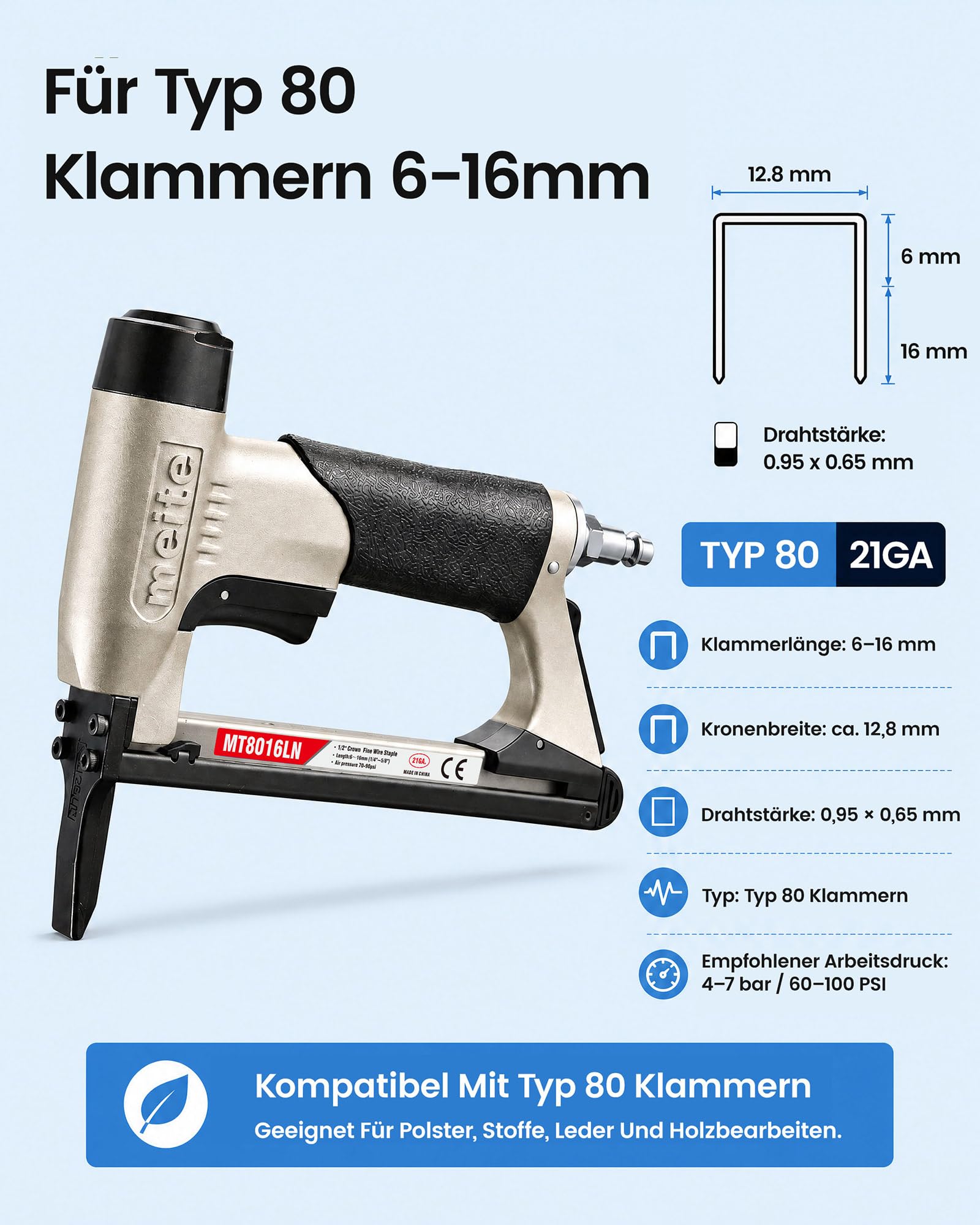 meite MT8016LN Drucklufttacker 80 mit Langnase, kompatibel mit Typ 80 Tackerklammern 6–16 mm, Leichte Drucklufttacker für präzise Polsterarbeiten, Möbel, Holz, Leder und Innenausbau