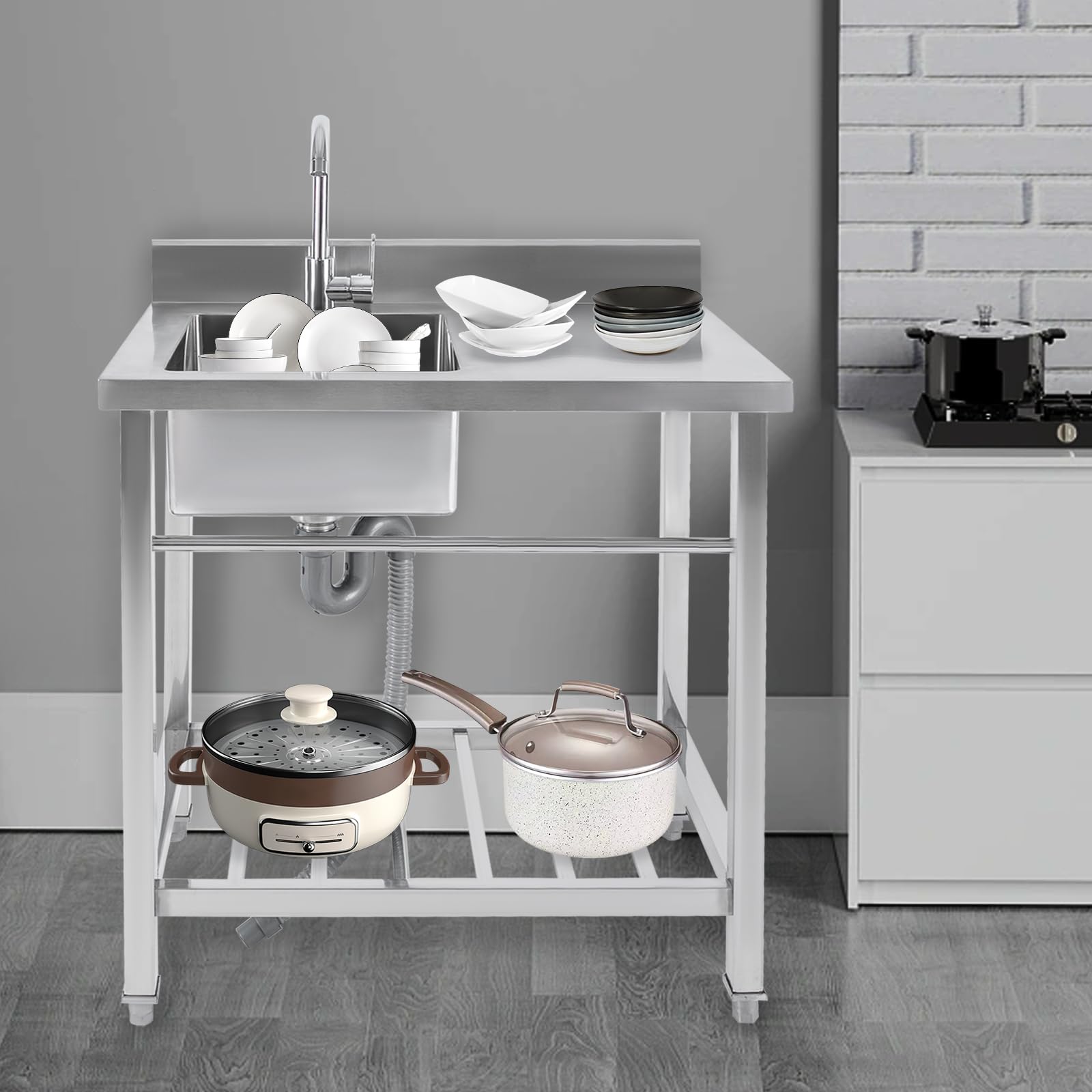 Wolnostojący zlewozmywak kuchenny, zlewozmywak ze stali nierdzewnej z obrotowym kranem o 360°, nośność 100 kg, do łazienek, gospodarstw rolnych, podwórek, pralni, kuchni