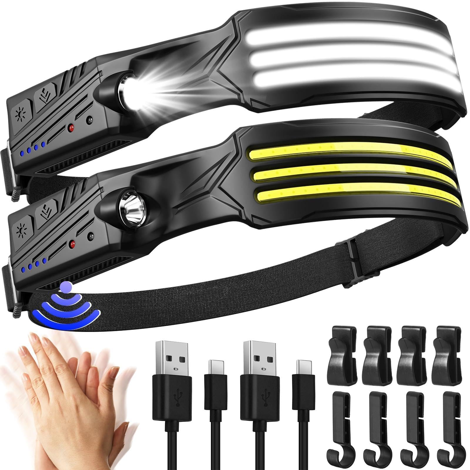 Stirnlampe Led Wiederaufladbar,2 Stück 3000 Lumens Superhell 3*LED Weiß Licht 230°Weitwinkel Sensor Kopflampe,IPX5 Wasserdicht 0.14lb Leichtgewichtig Stirnlampen für Camping,Joggen,Wandern,Angeln