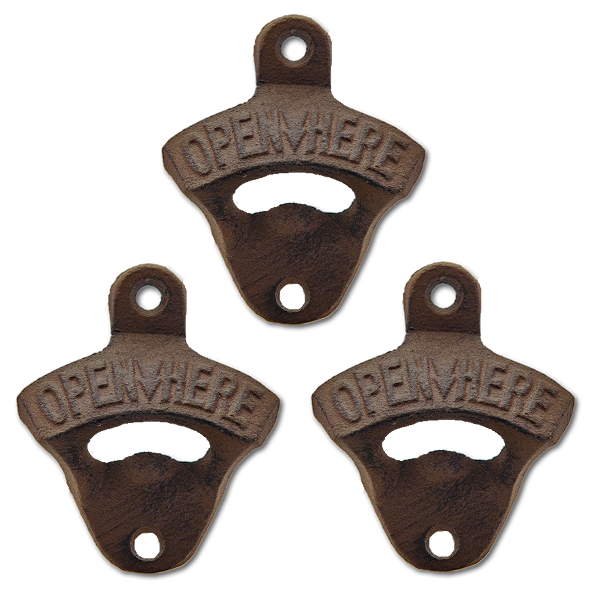 Luwanburg Brown Cast Iron Bottle Opener Wall Mounted Rustic Beer Cap Opener Mountable for Post Table Cooler Cart (Pack of 3)