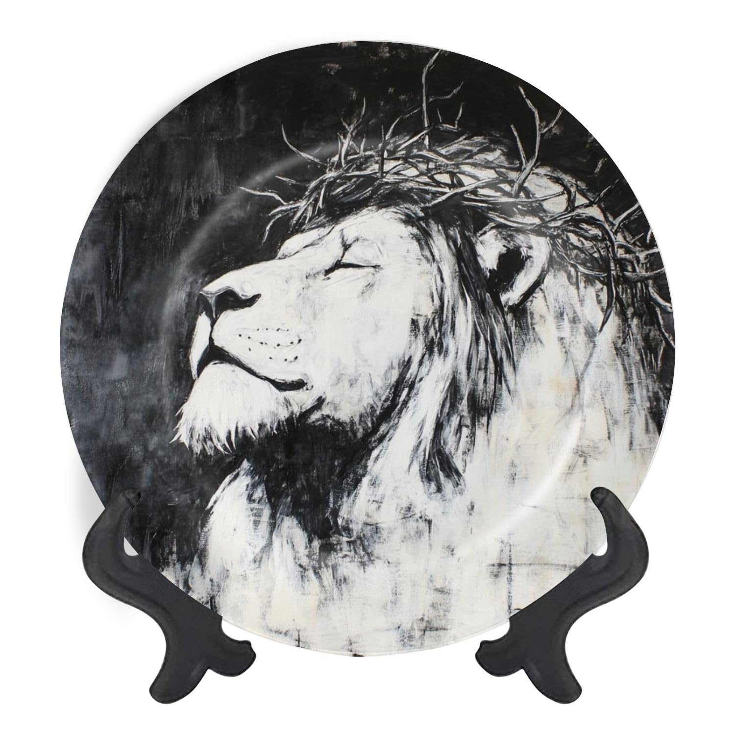 Decorative Plates for Display Lion Judah Cathedral Black White Christianity Crown Thorns Side Gift Plates Ceramic Collections Plates Hanging Artwork for Living Dining Room Kitchen Souvenir