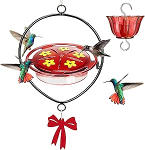Kingsyard Upgraded Hummingbird Feeder Hanging, Large Capacity Nectar Tray Bee Proof Leakproof, Outdoor 5 Port Perch Metal Bracket Ant Moat Easy Clean Weather Resistant,Red Metal Frame asin的图片