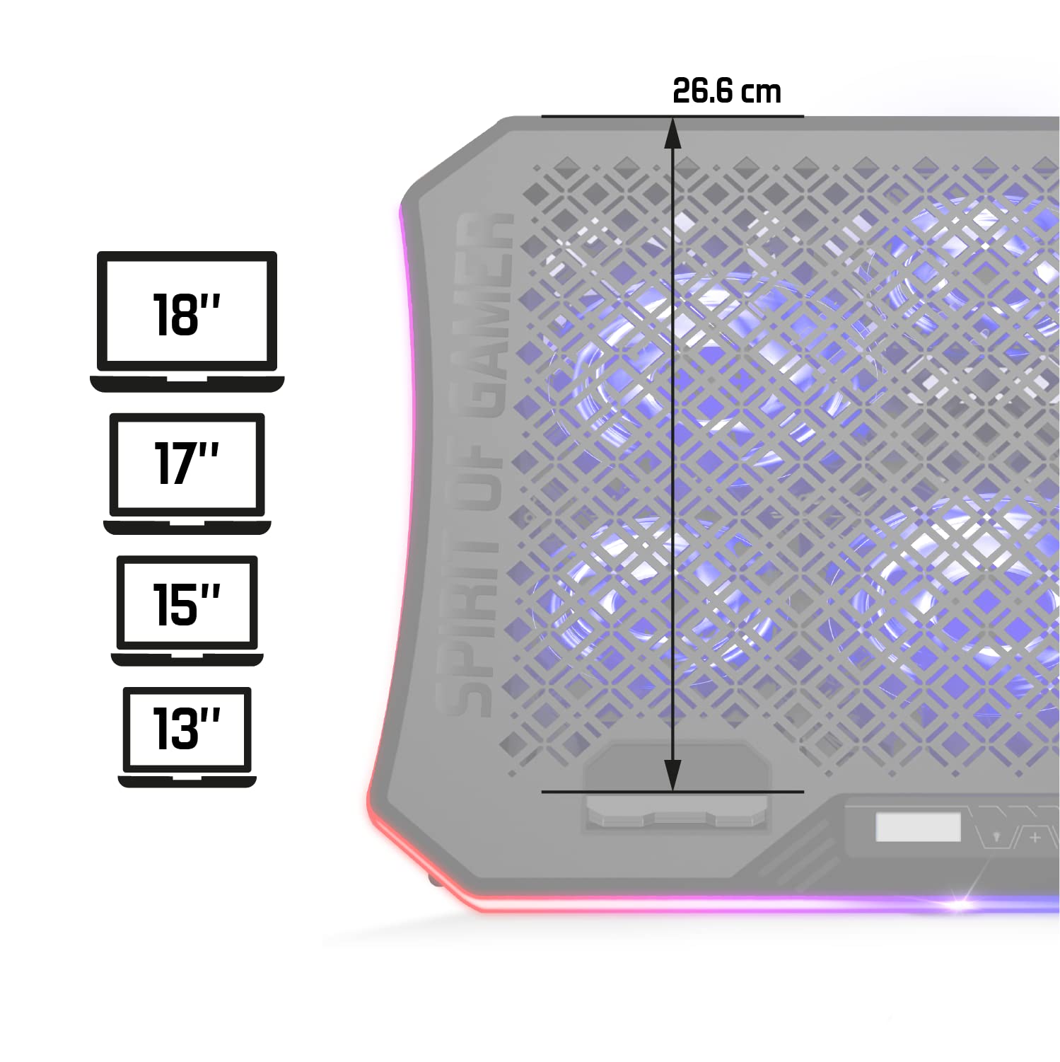 SPIRIT OF GAMER - AIRBLADE 1200 – Supporto PC Ventilato RGB - Da 10''a17'' - 6 Ventole Silenzioso Illuminate - Raffreddatore Portatile - Inclinazione 6 posizioni - Portacellulare incluso