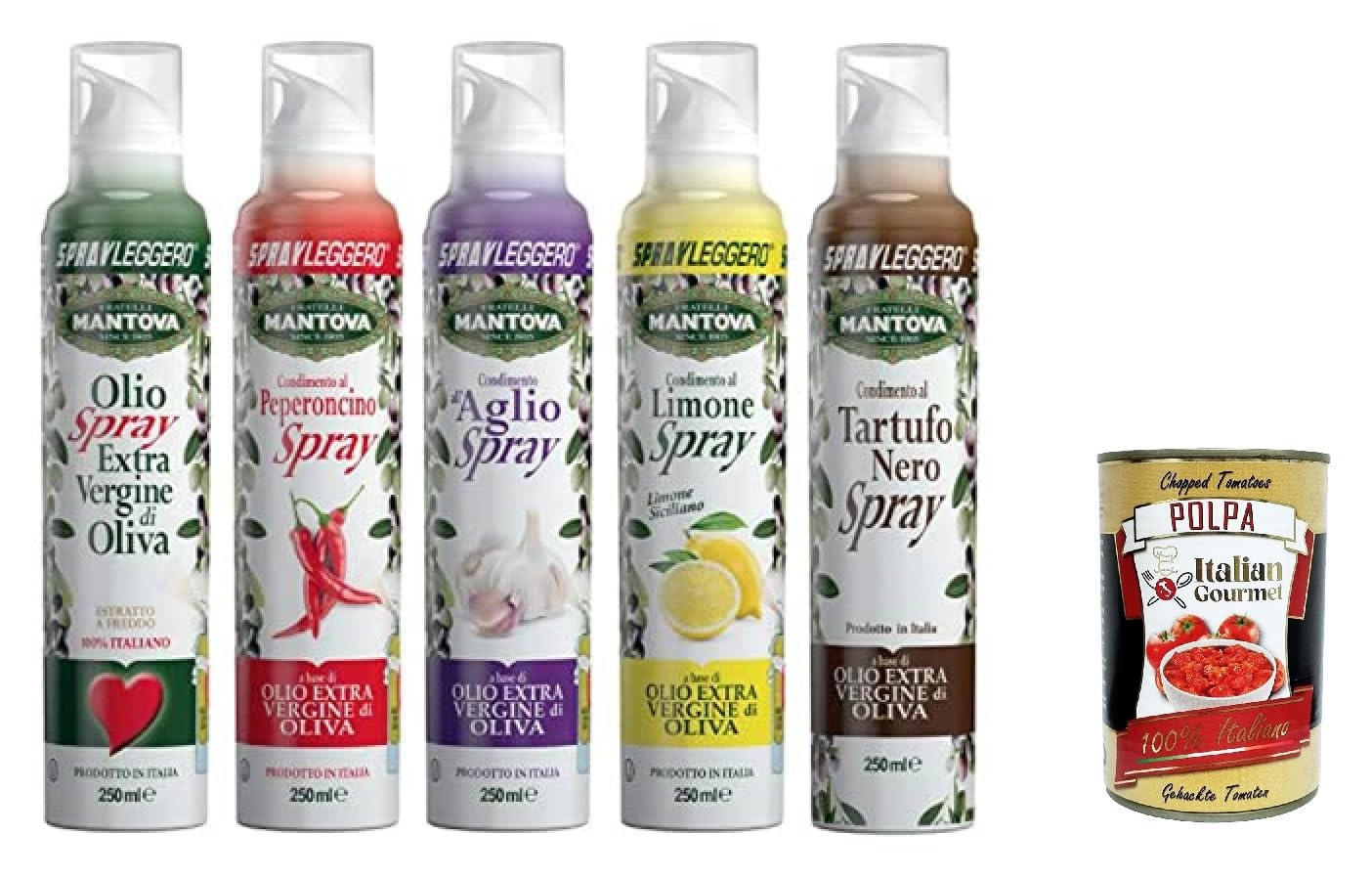 SPRAYLEGGERO SET (5x250 ml): Natives Olivenöl Extra mit Knoblauch, Zitrone, Chili, Schwarzem Trüffel + Italian Gourmet polpa 400g