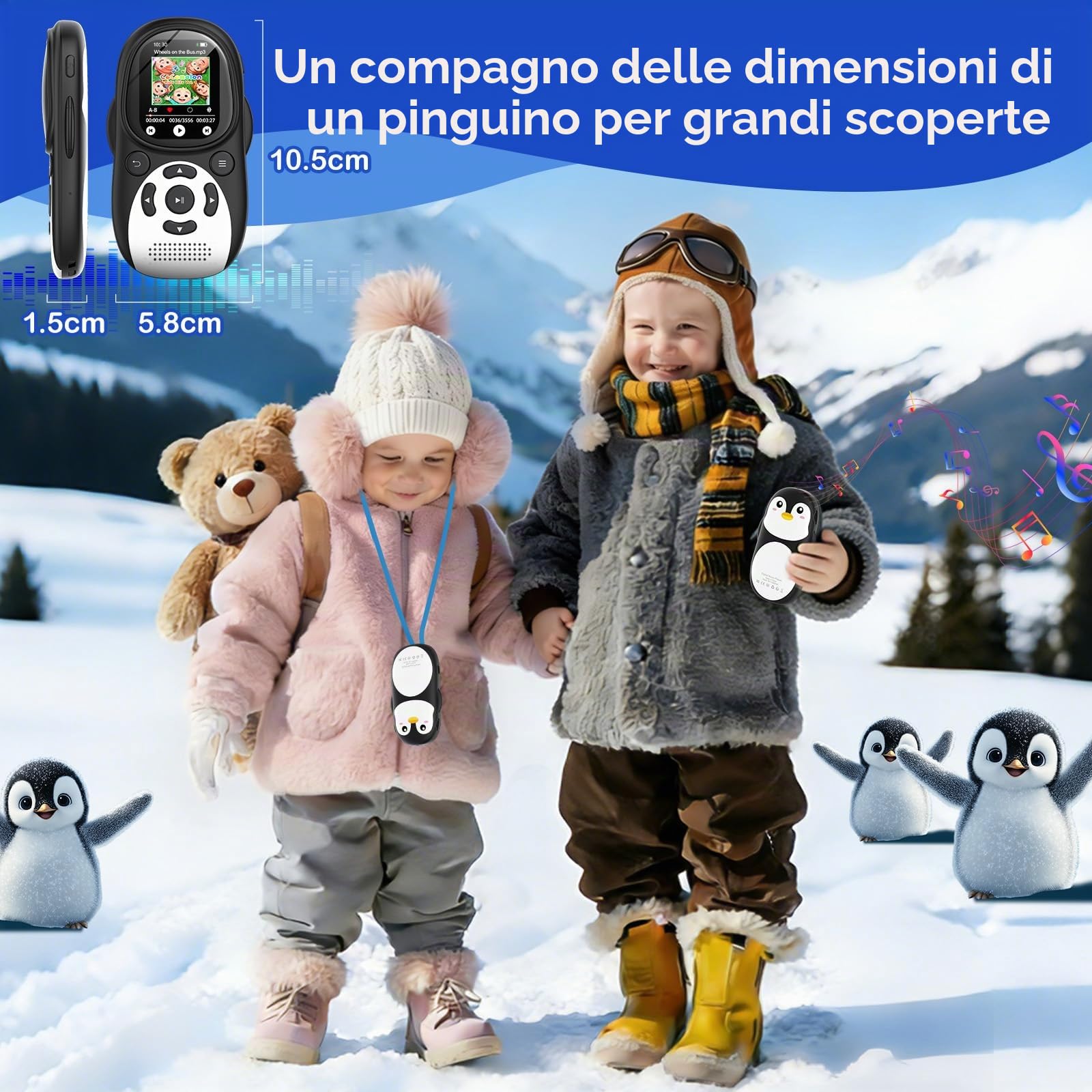 64GB Lettore MP3 Bluetooth 5.3 per Bambini, Design Pinguino con Schermo IPS 2'' & Interfaccia Sottomarina, Altoparlante Integrato, Radio FM,Batteria 750mAh, Regalo per Bambini, Espandibile 128GB