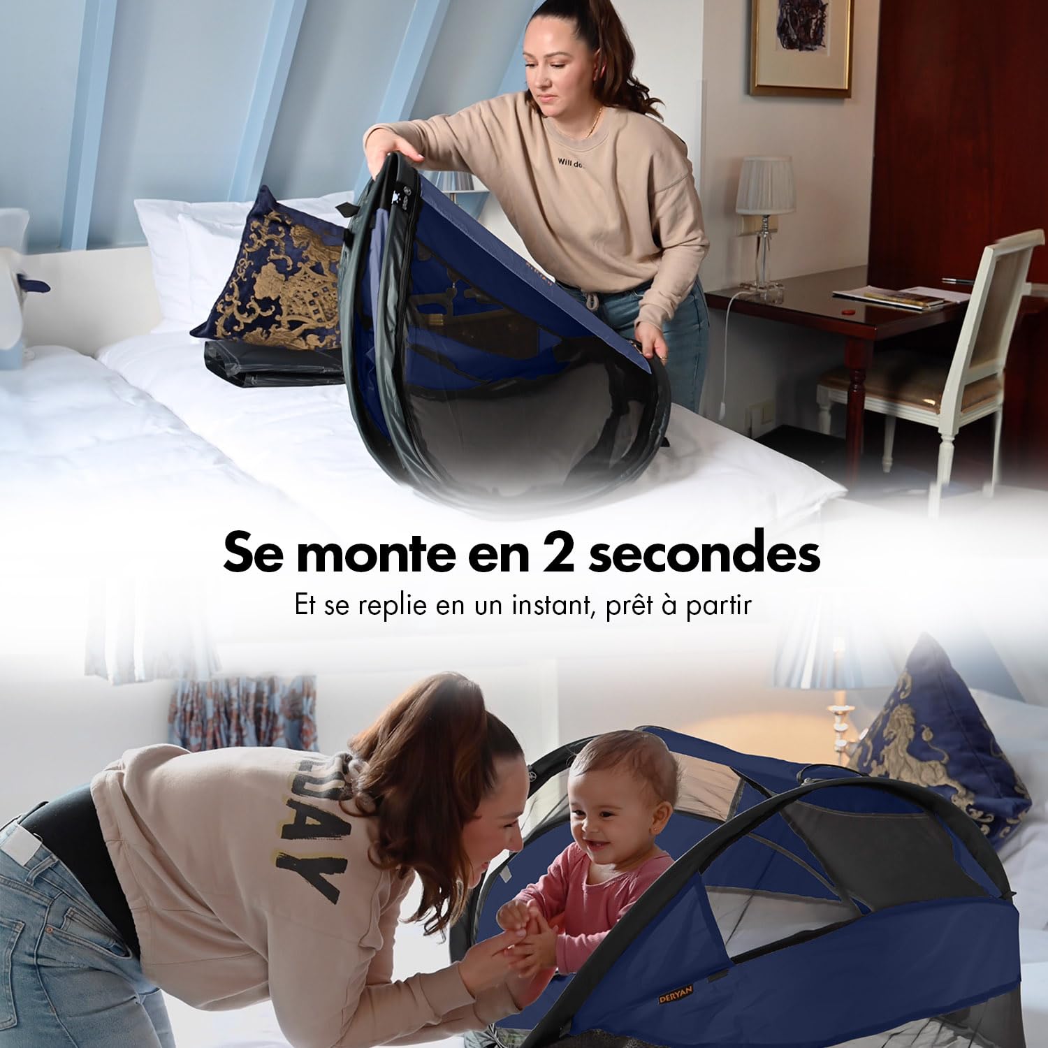 Deryan lit Parapluie Bébé avec Matelas, Lit bébé de la Naissance Jusqu’à 2,5 Ans, Pop Up Tente pour Bébé Montée en 2 Secondes, Moustiquaire & Sac de Voyage Inclus, Facile à Plier, 120x75cm, Navy