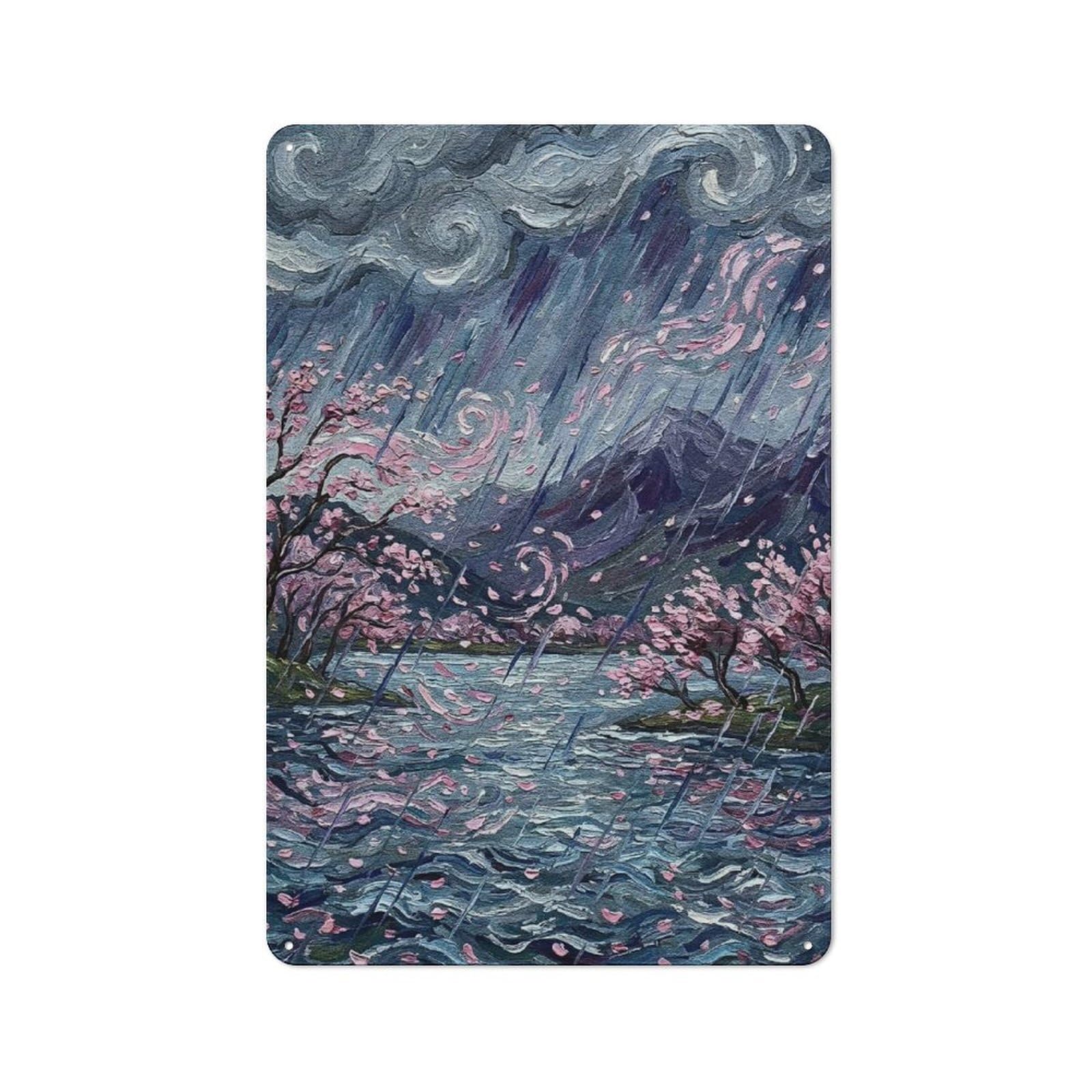 Junmoney Style-16 Classic Rainy Cherry Blossom Landscape Painting Metal Wall Art Sign 30X20cm, Vintage Wall Decor For Lounge, Study, Pub Or Wall Gallery