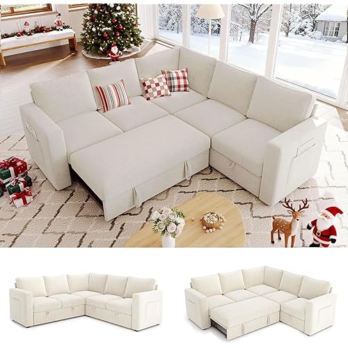 83.5" Sectional Sleeper Sofa with Pull Out Couch, Modern 5 Seat L Shaped Modular Couch, Sectionals Modular Sofa with Storage, Comfy Sectional Couches for Living Room & Apartment, Beige