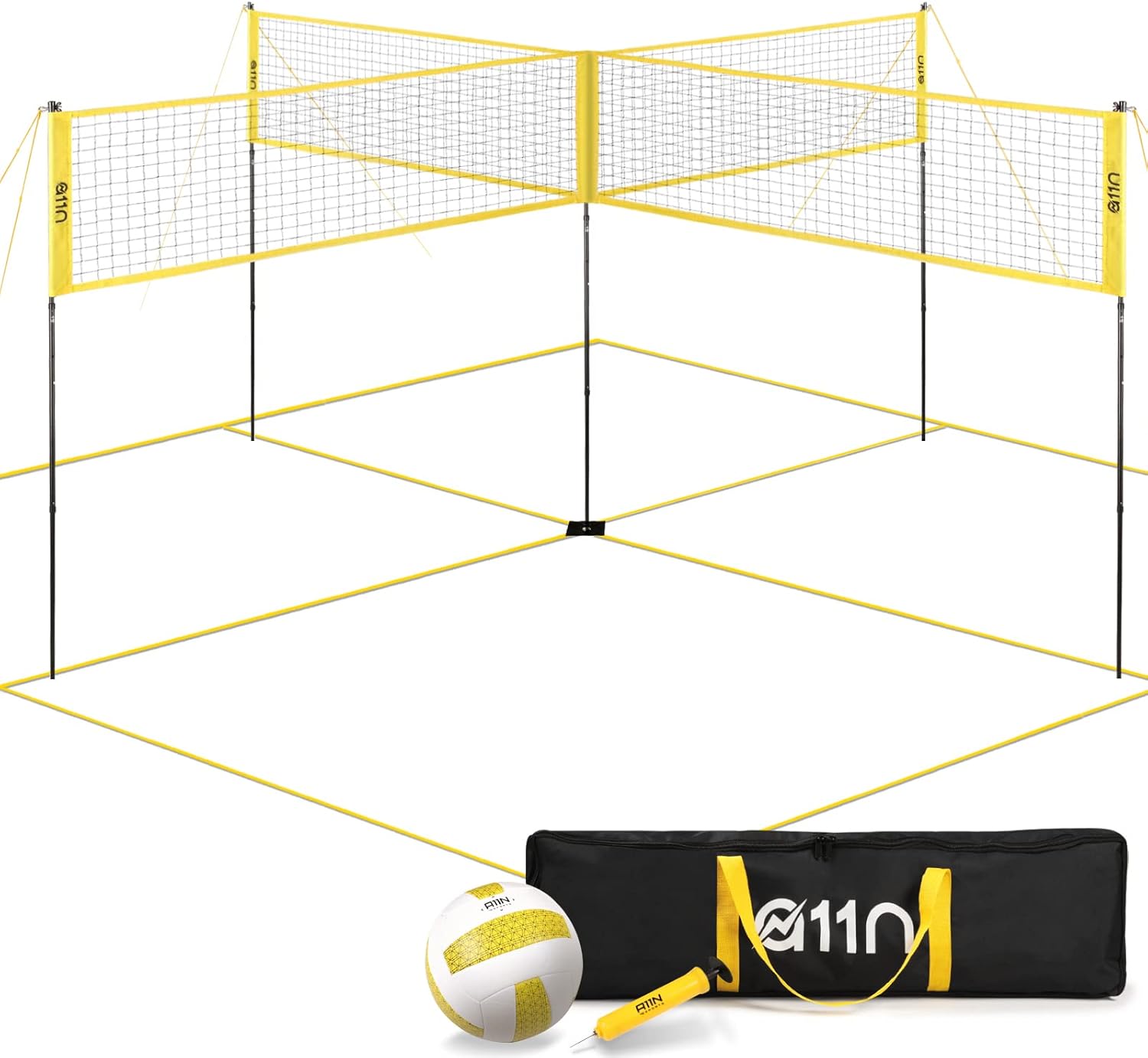 A11N 4-Way Volleyball and Badminton Net - Backyard & Beach Game Set for Adults and Kids, Red & Yellow