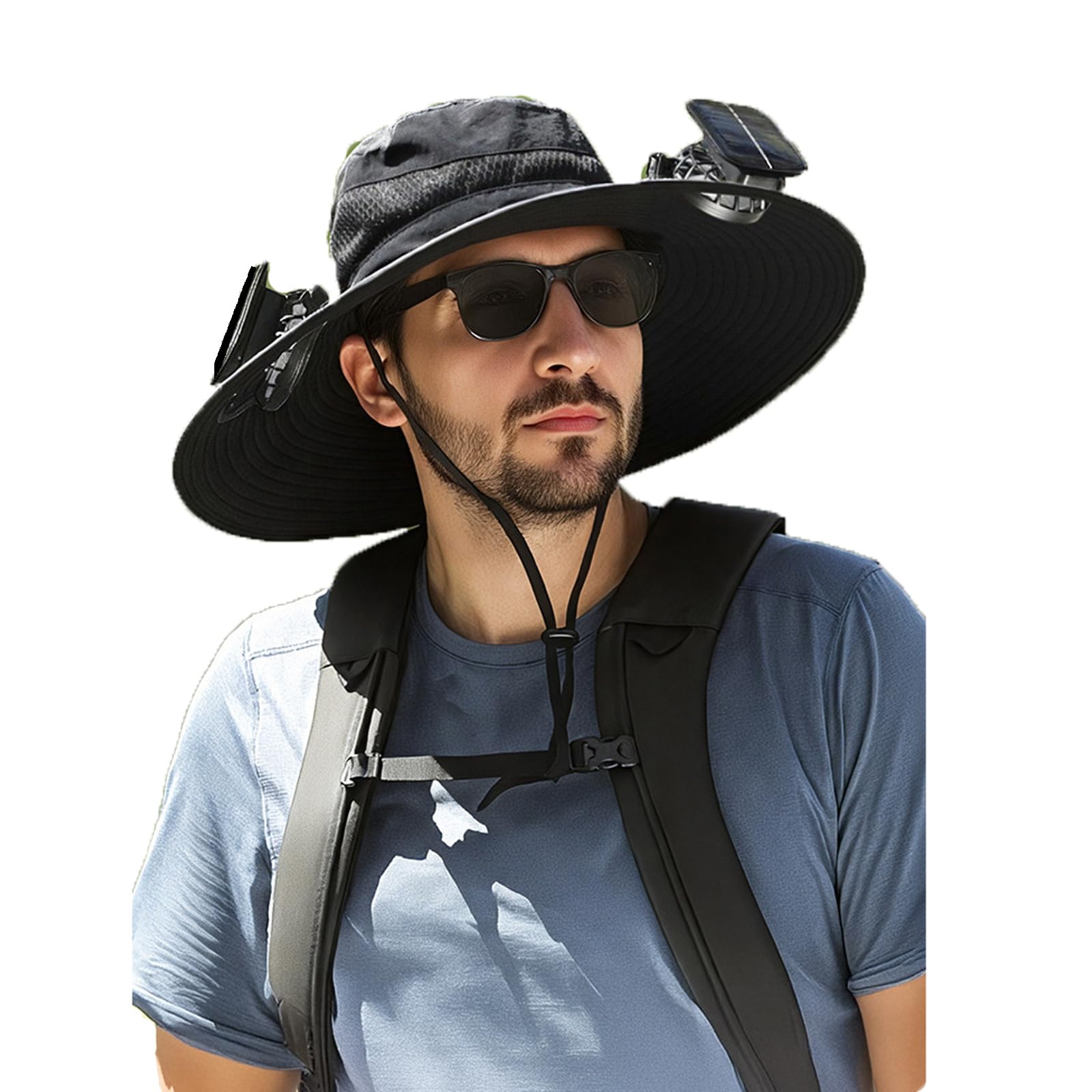 Solar Powered Fan Hat with 2 USB Solar Charging Removable Fans Wide Brim Sun Hat for Outdoor Fishing, Hiking Gardening(Black)