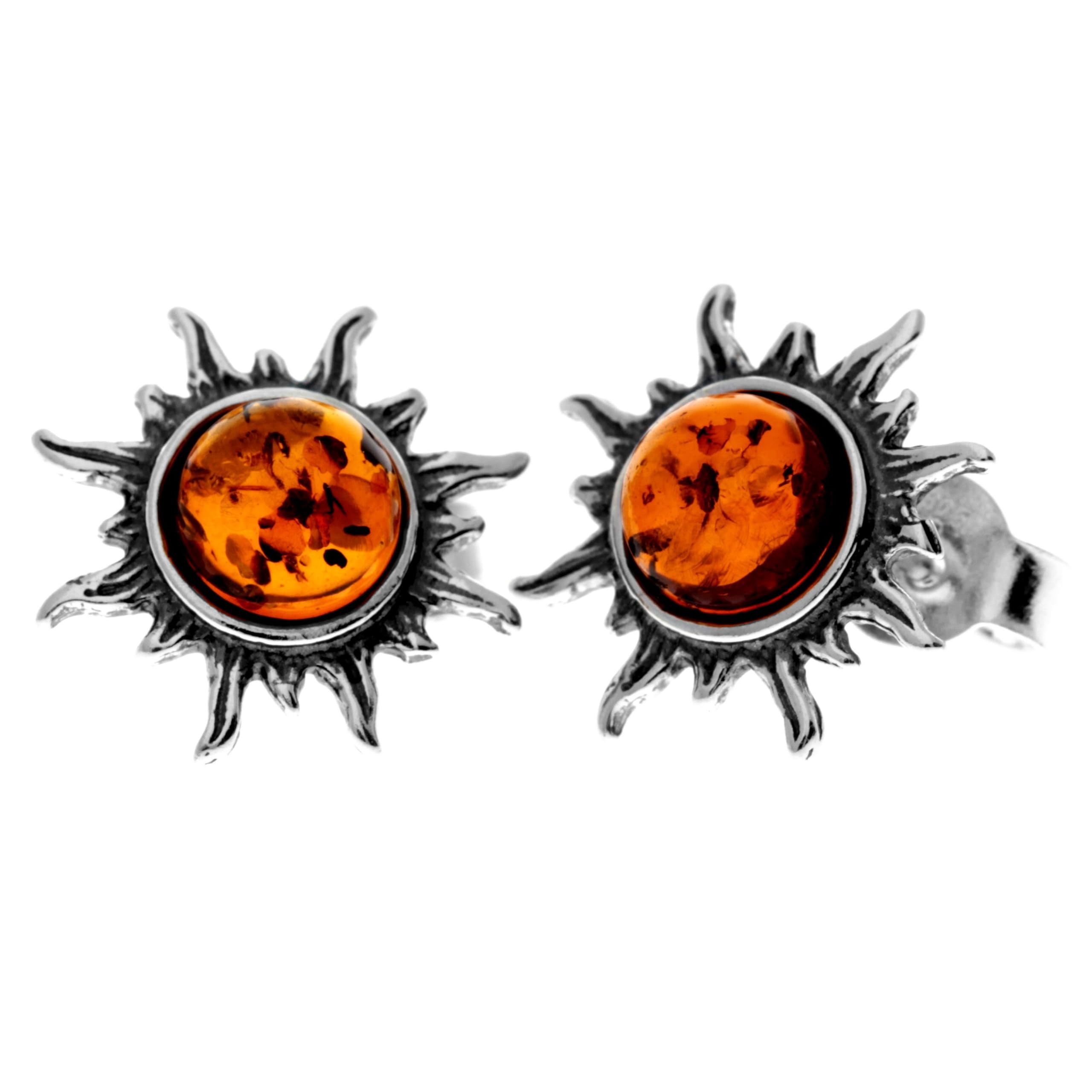 SilverAmber JewelleryGenuine Round Baltic Amber and 925 Sterling Silver Studs Sun Stars Style Earrings - 8549