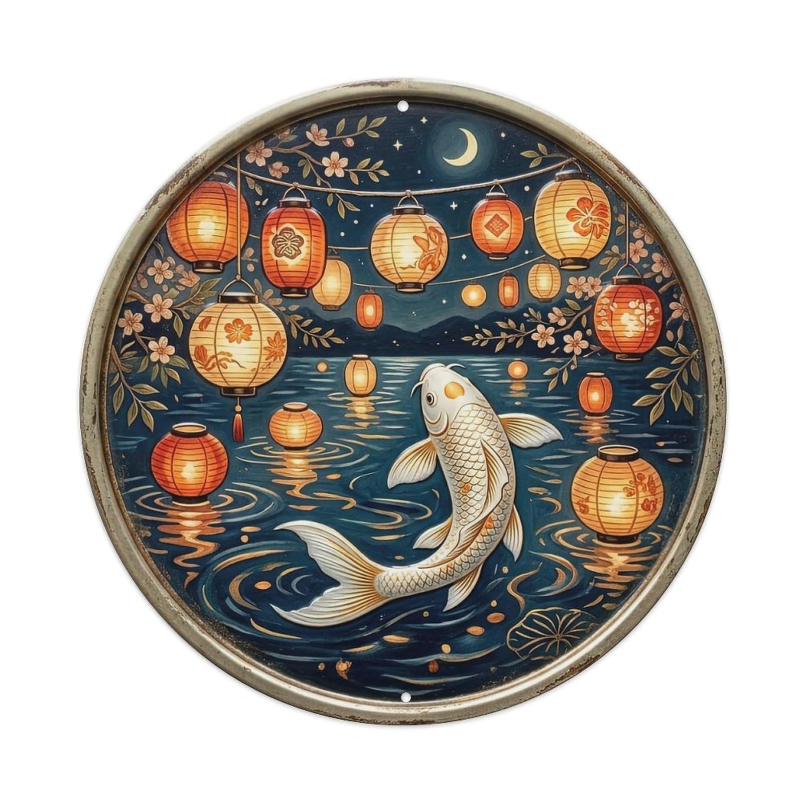 Paper Lantern Glow Koi Fish 2 Metal Tin Sign Plaque Wall Decor for Cafe, Club, Garden Round Metal Poster 8x8Inch