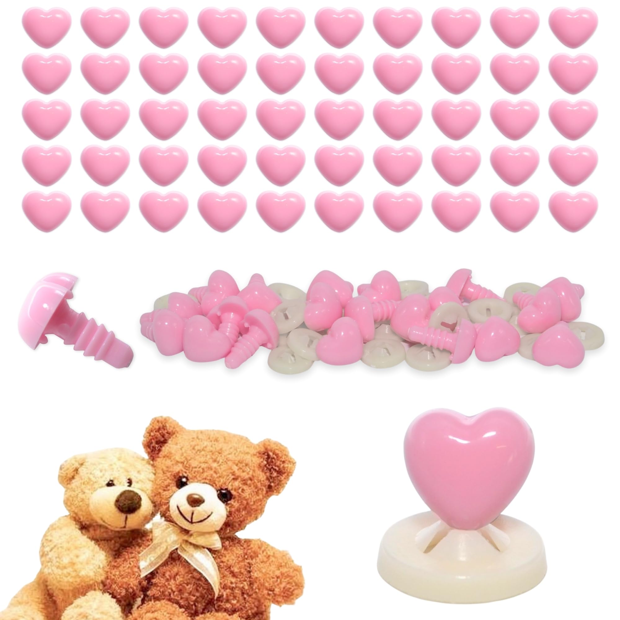 celloexpress 10mm x 9mm Baby Pink Heart Noses with Plastic Backs - Safety Noses for Soft Toy Teddy Bear Animal Making (Pack of 100)