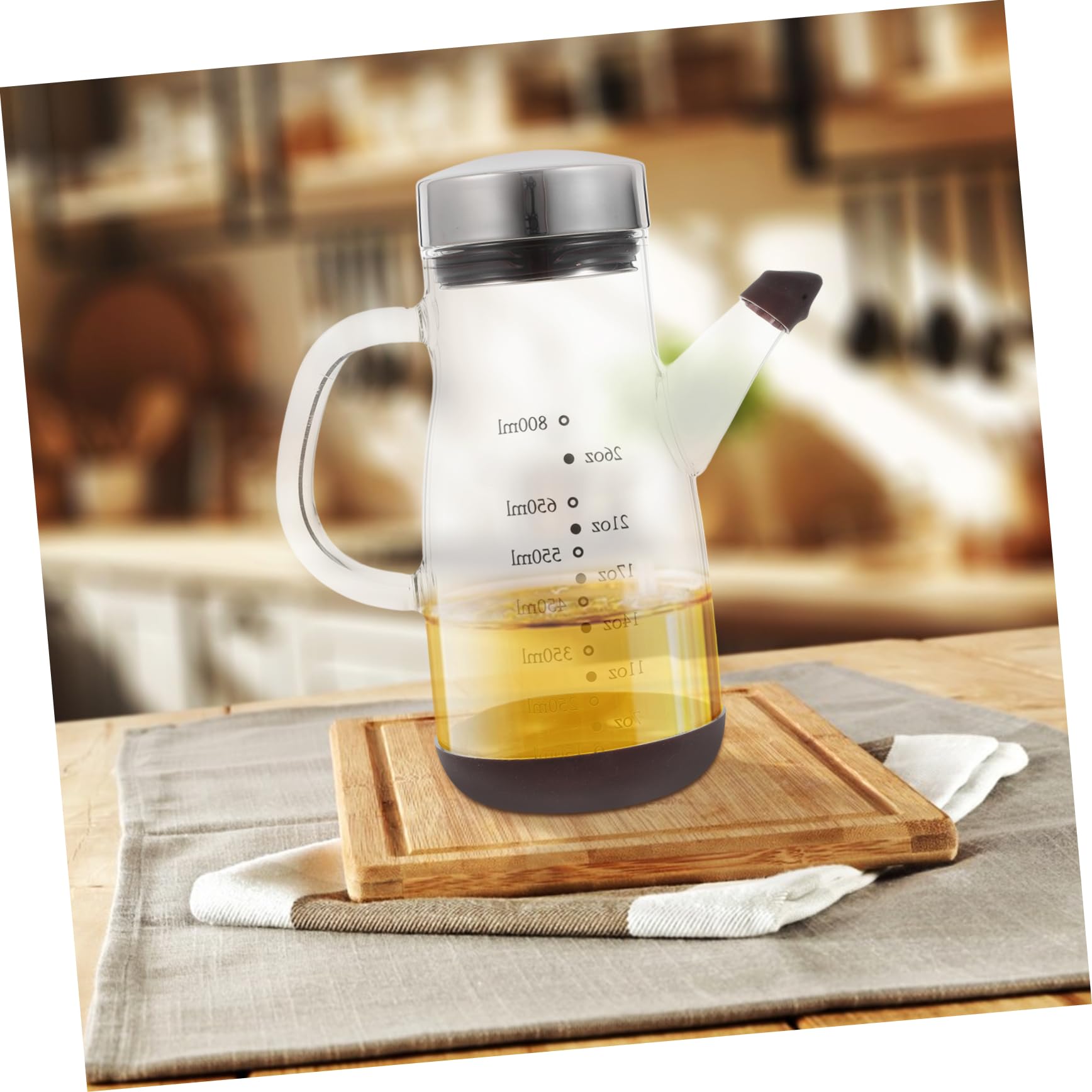 Ölspenderflasche mit Messmarkierung aus Edelstahl und Glas