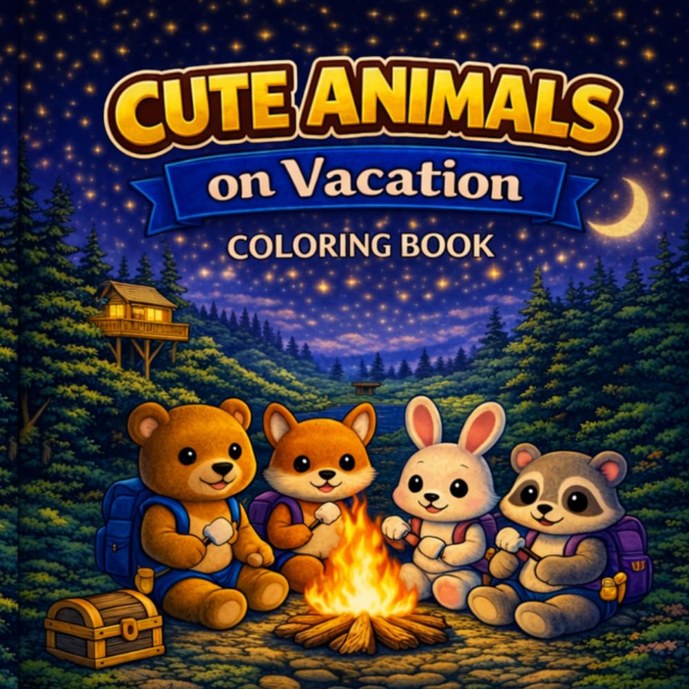 Cute Animals on Vacation Coloring Book: Cozy Forest Retreat and Camping Adventures: Relaxing Nature Scenes with Adorable Animal Friends, Campfires, ... Outdoor Escapes (Cute Animal Coloring Book)
