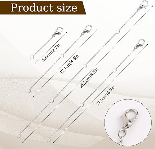 Miniatura 3 de KALIONE Paquete de 4 cadenas extensoras de collar, 4 tamaños, extensores de collar de plata, extensores de cadena de 2468 pulgadas para collares,