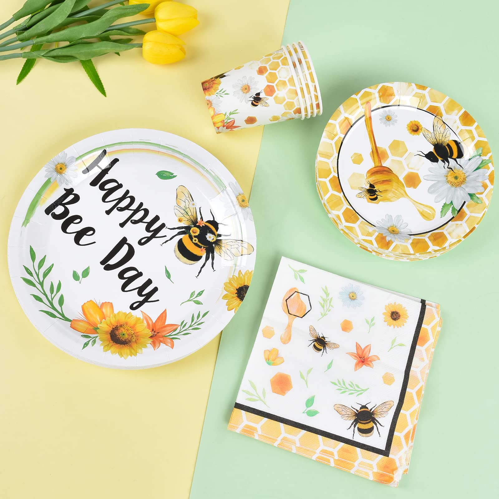 Ensemble de Vaisselle Anniversaire Abeille - Fournitures de Fête d'Abeille pour Enfant Filles Fête d'Anniversaire d'Abeille Douche de Bébé Assiettes Coupes Serviettes Sert 16 Invités 64 Pièces