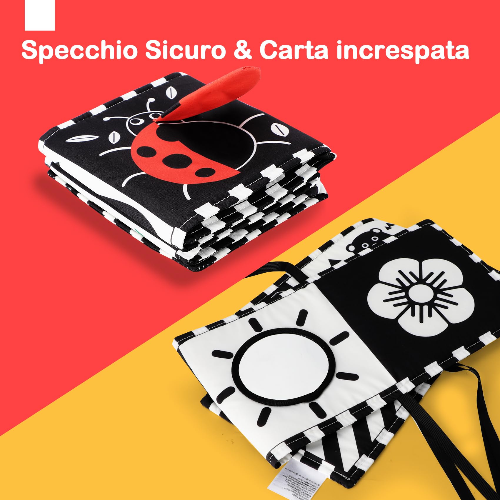 Libri Sensoriali Neonato con Specchio, Libro di Stoffa per Neonati,Giochi 0 3 6 12 Mesi,Tummy Time, Bianco e Nero 11 Motivi,Pieghevole Lavabile