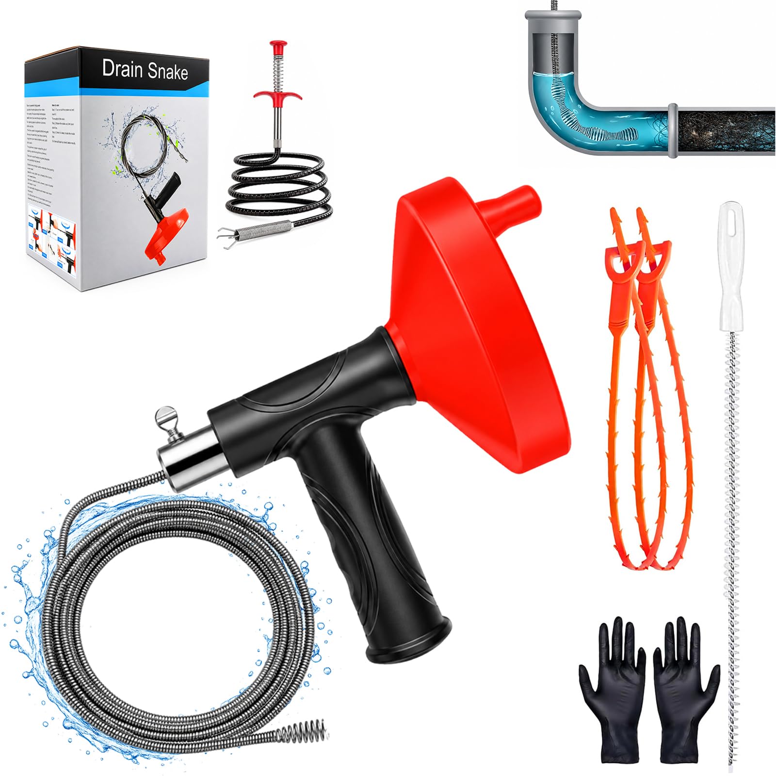 Tarière serpent de plomberie de 10 m, outil de débouchage de canalisation, outil de débouchage d'évier, outil de nettoyage de canalisations pour salle de bain, cuisine, baignoire, douche avec gants