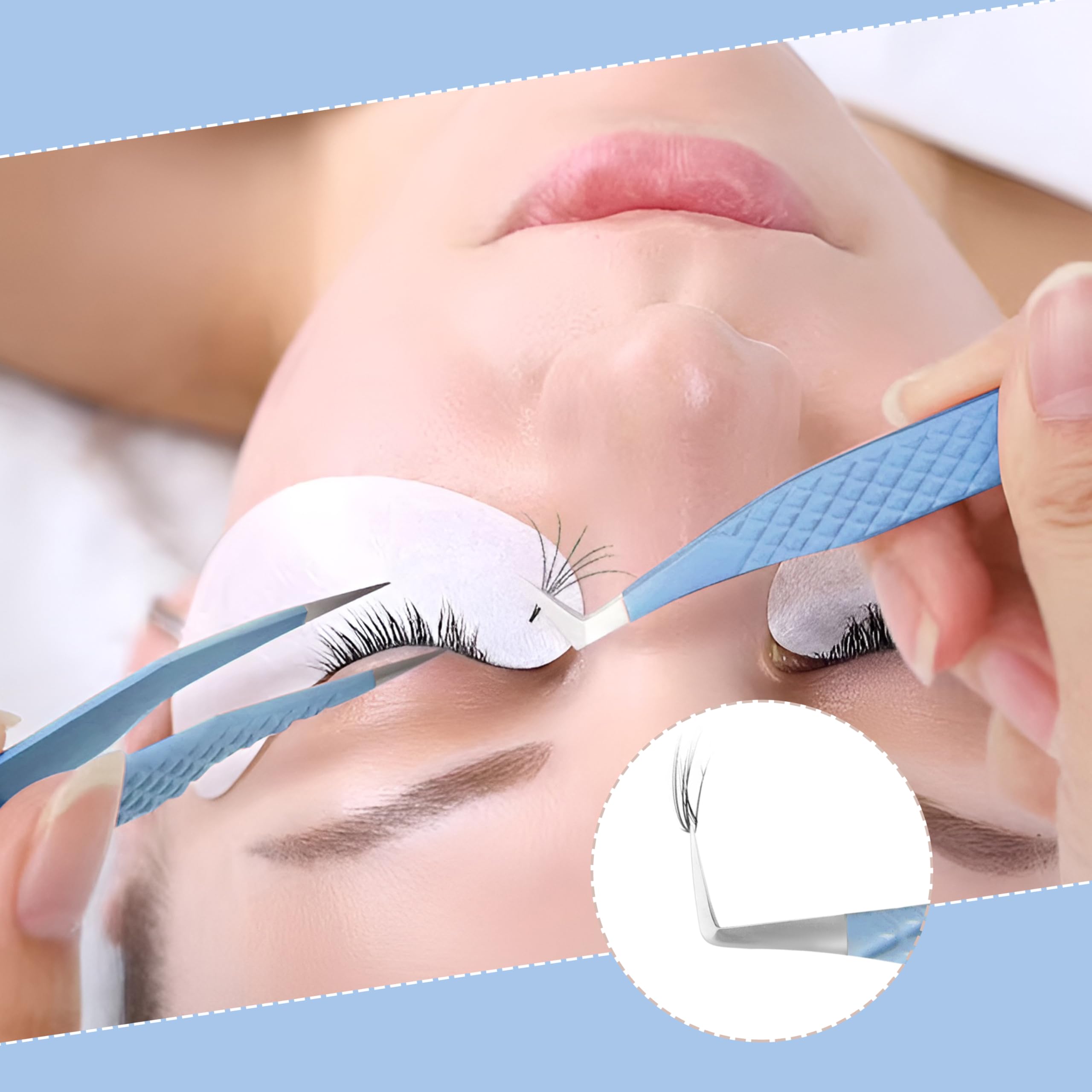 Pinzas profesionales para extensiones de pestañas, juego de 4 pinzas de fibra de acero inoxidable con agarre de diamante (4, azul cielo)