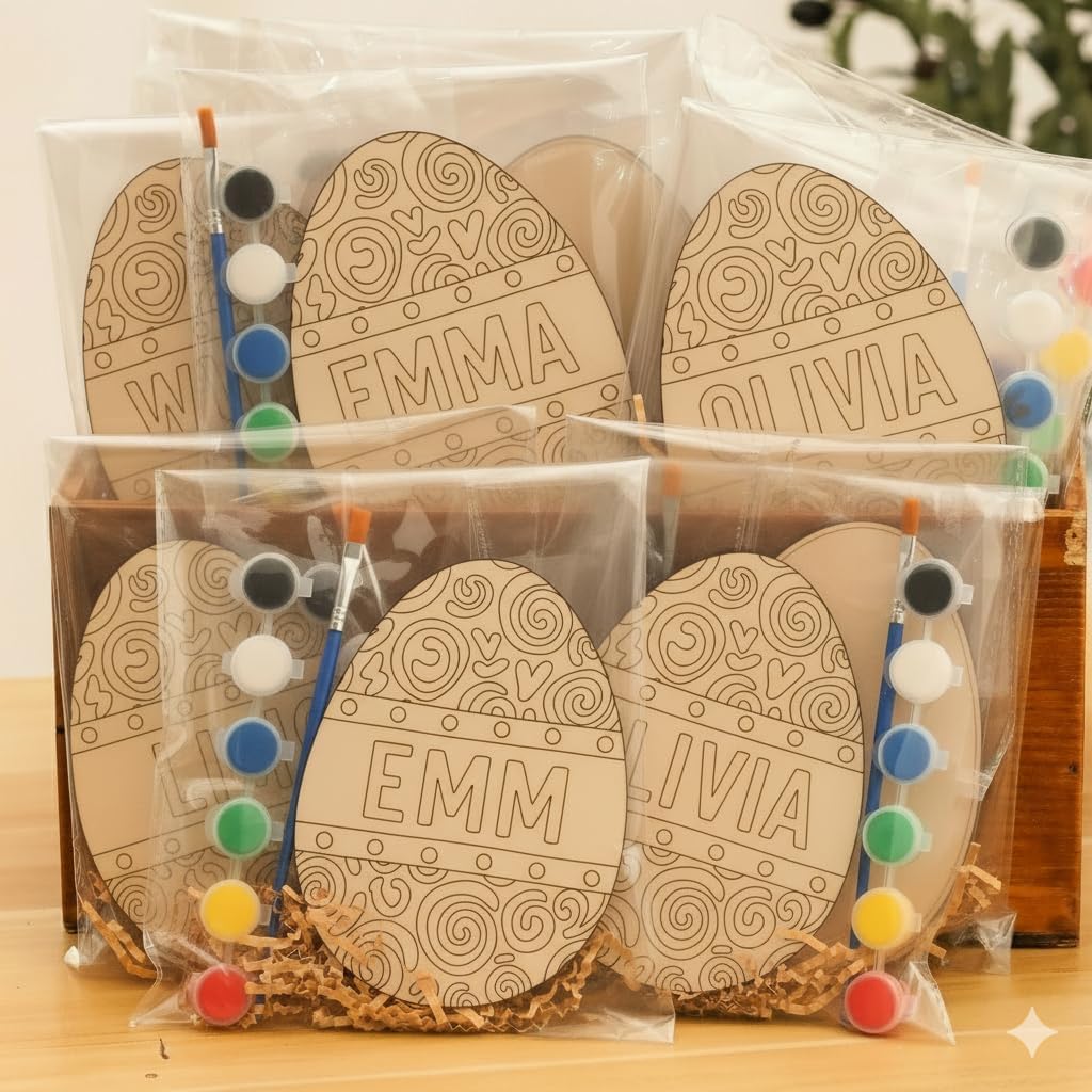Personalized Easter Basket Stuffers for Kids - Custom Name Fun Swirls Wooden Egg Painting Kit - DIY Paint Your Own Craft with Brush & Paints - Whimsical Spiral Gifts for Boys & Girls Art Activity