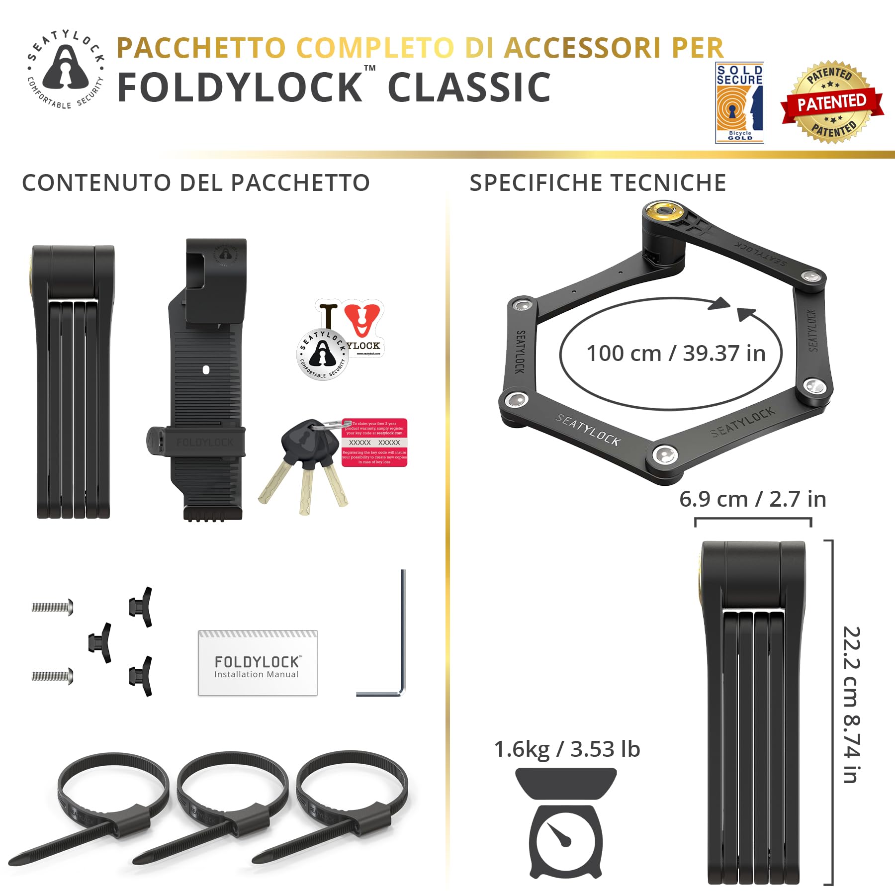 Seatylock FoldyLock Classic - Lucchetto pieghevole per bicicletta, brevettato, elegante, ad alta sicurezza, resistente, antifurto, con chiavi per e-bike e bici da città, 100 cm