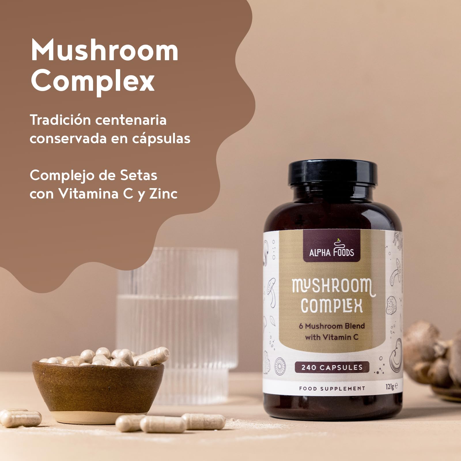 Complejo de Hongos | 240 Cápsulas Veganas | Setas Funcionales con Vitamina C y Zinc | Melena de Leon (Lions Mane), Reishi, Shiitake, Maitake, Chaga y Cordyceps | Sistema Imune y Defensas | Alpha Foods
