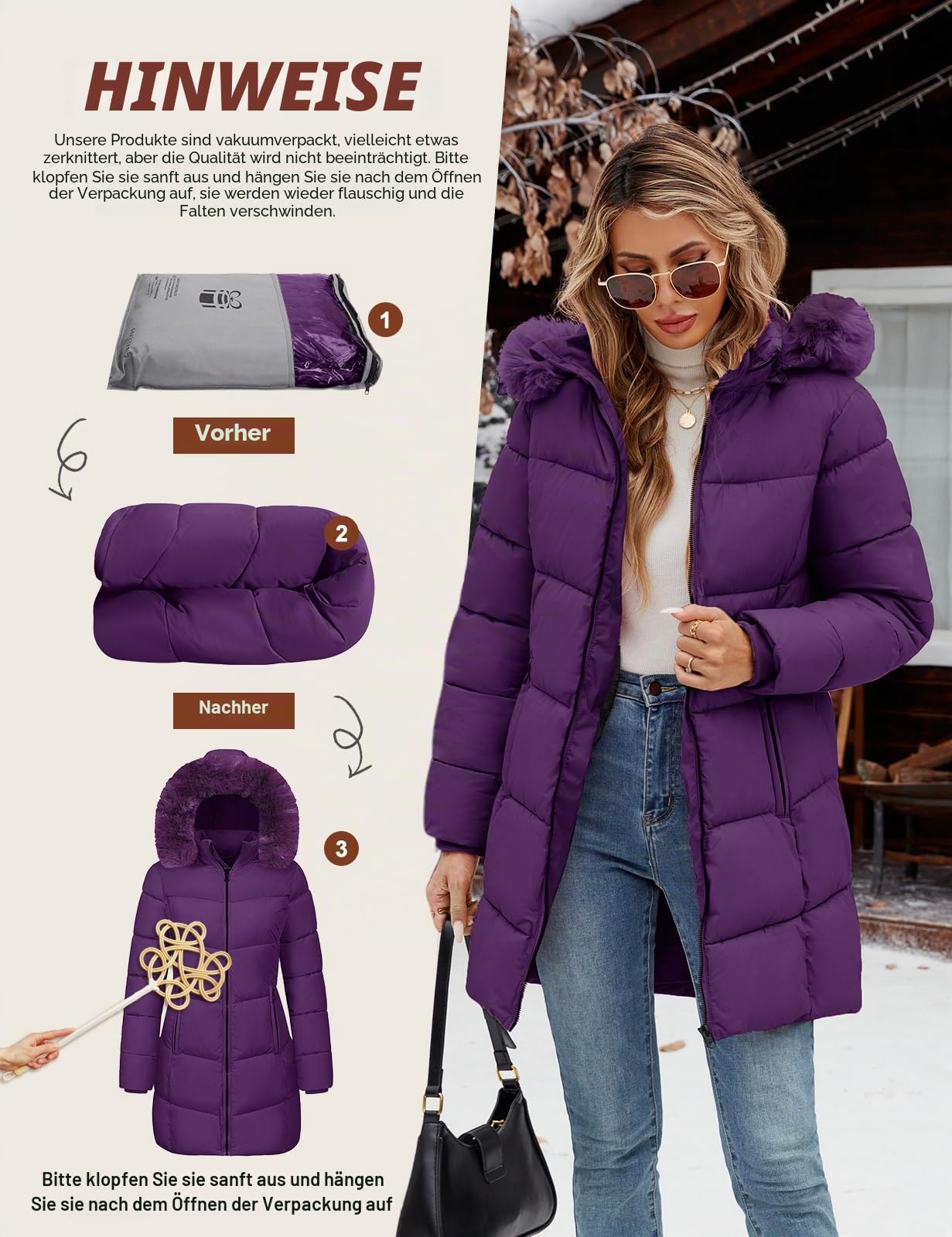Tuopuda Winterjacke Damen Lang Wintermäntel Damen Warm Winter Slim Fit Jacke Mantel Fleece Gefüttert Daunenmantel Parka Steppmantel Winterparka Outdoorjacke mit Kapuze Übergangsjacke