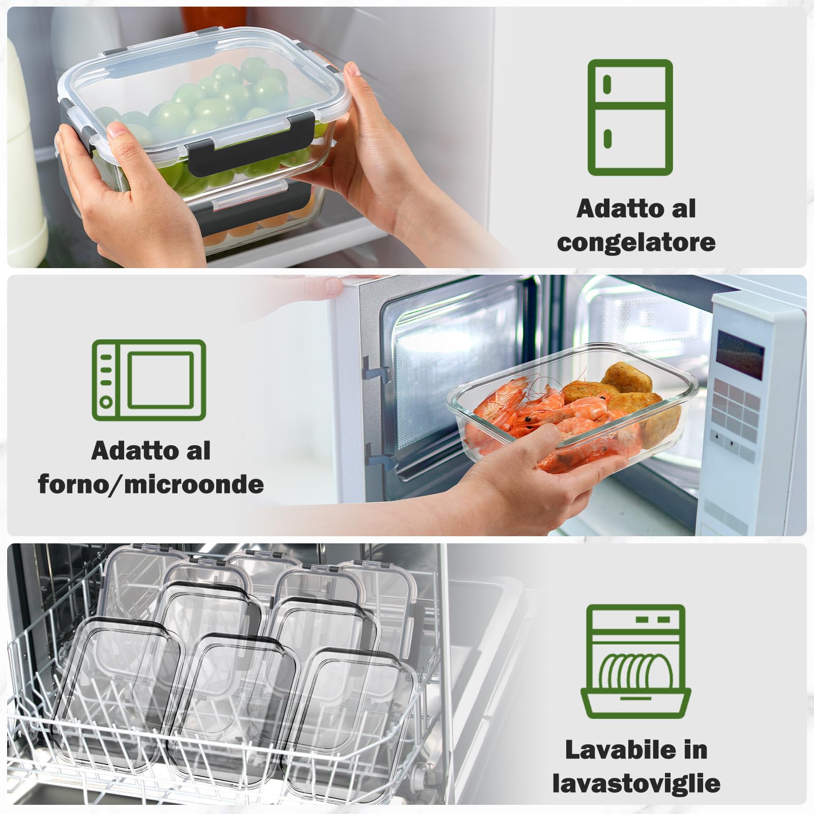 YASHE Set 12 Contenitori Vetro per Alimenti con Coperchi Ermetici, Senza BPA, Adatti a Microonde, Forno, Frigo e Congelatore, per Meal Prep, Nero