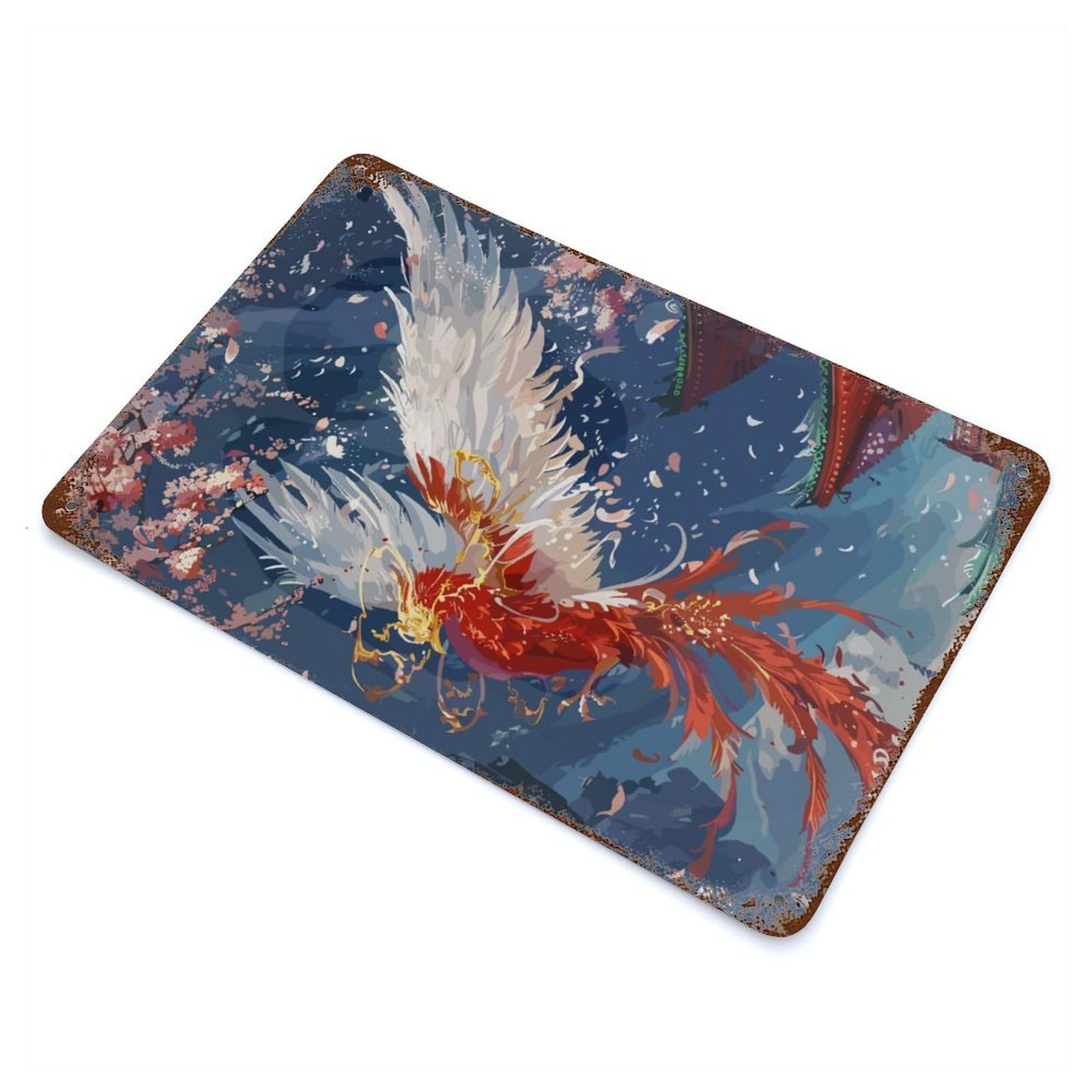 Garage Style Japanese Phoenix Aged Metal Wall Plaque 11.8"x7.9", Farmhouse Wall Decor for Bar And Workshop