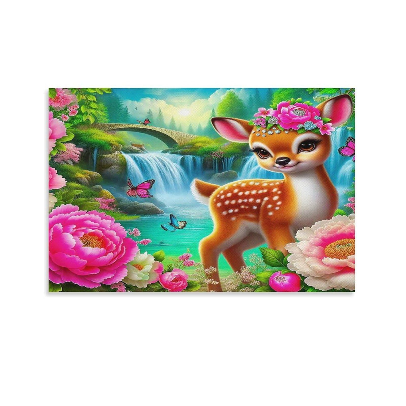 CPLVKWRQJ Cute Deer 1 Piece Floral Crown Fawn Waterfall Peony Forest Canvas Print - Office Wall Art Fade Resistant Wall Focal Art Statement Piece 20x30inch(50x75cm)