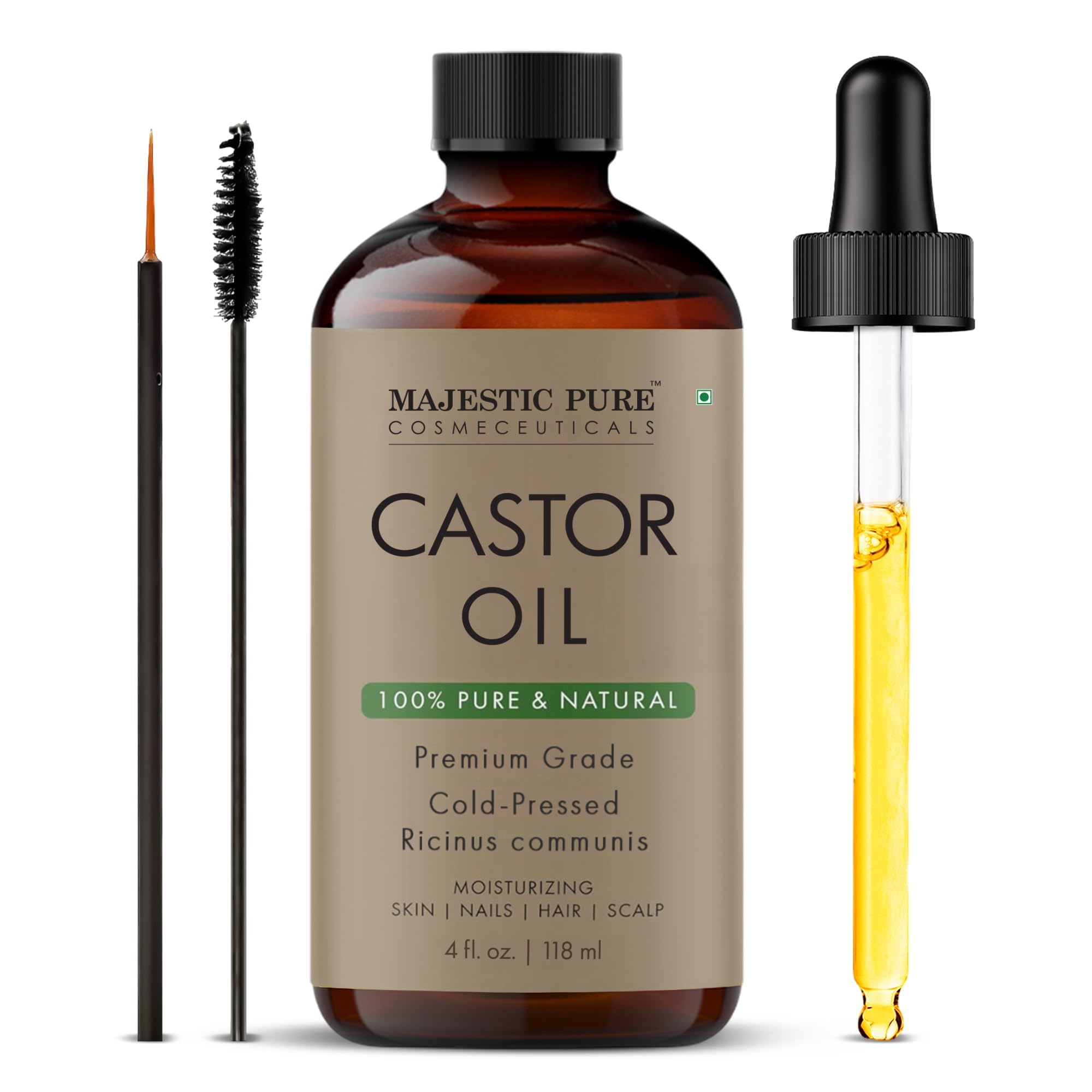 Majestic Pure USDA Organic Castor Oil | Hexane Free & 100% Pure | Cold Pressed | Stimulate Growth for Hair, Eyelashes, Eyebrows, Nails | Moisturizing & Nourishing | Body, Hair & Carrier Oil | 4 Fl Oz