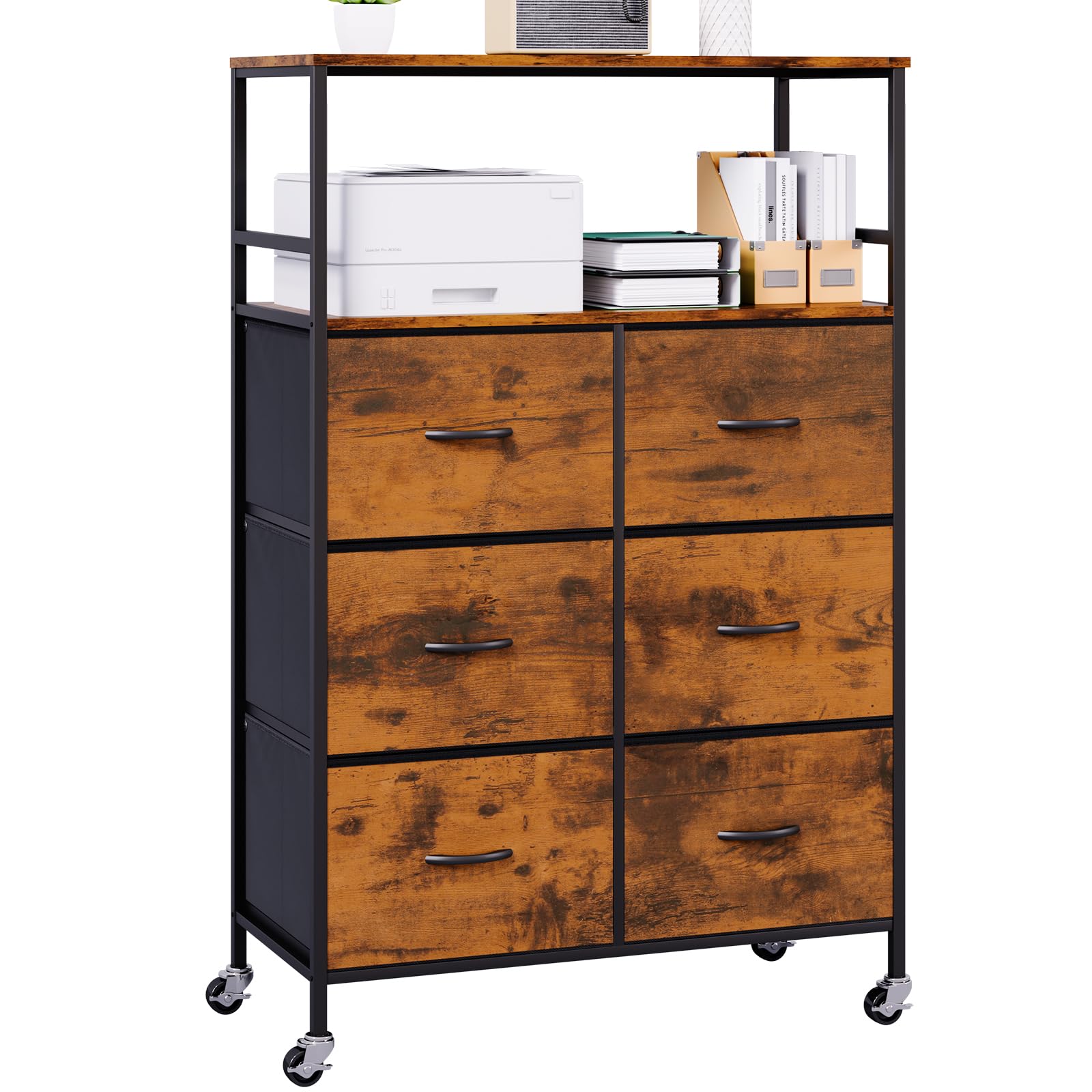 DreamDashio 51" H Tall Mobile File Cabinet, Rolling Printer Stand with 6 Drawers, Adjustable Hanging Rails for A4/Letter/Legal Files, Fabric Vertical Filing Cabinet for Home Office, Rustic Brown