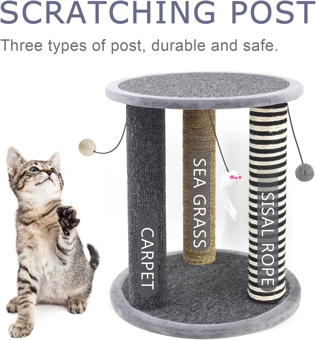 SONGWAY Cat Scratching Post Tree - Cat Tree with 3 Scratching Poles and Dangling Balls, Carpeted Base and Perch, Interactive Scratcher Toy for Indoor Cats Kittens, Grey 3 71NYaC5PMZL. AC SL1500