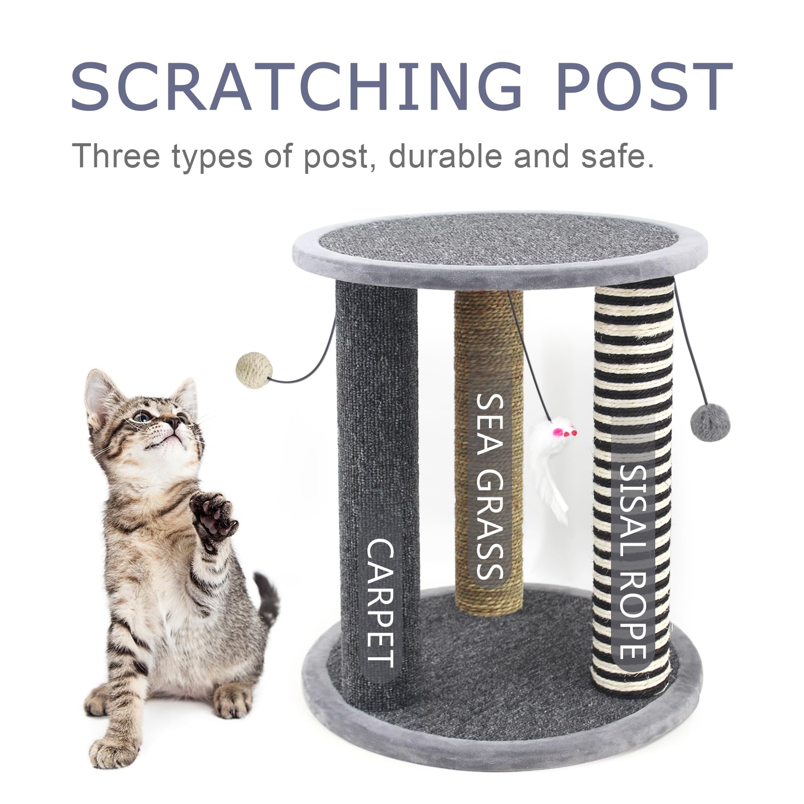 SONGWAY Kratzbaum mit Liegeplatz für Katze – Stabile Kratzsäule für Katzen Klein, Katzen Kratzmöbel, Kratzstamm mit Liegemulde und Spielzeug, Kratzpfosten für Katze, Katzenkratzer Spielzeug, Grau