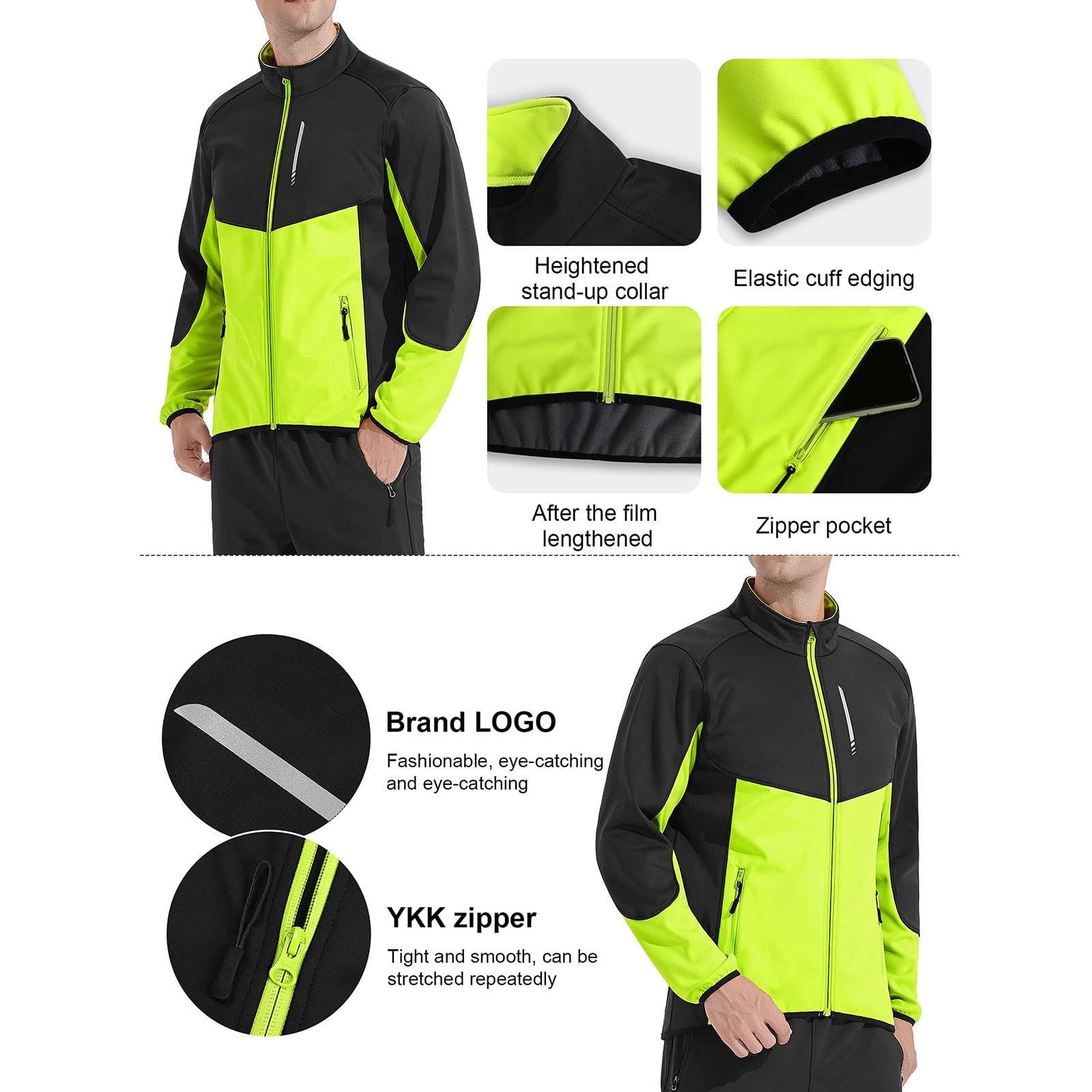 2026 Giacca Impermeabile Ciclismo Giacca Running Sportivo Softshell Caldo Antivento MTB Jogging Alpinismo Uomo Stand Up Collar Con 2 Tasche Verde & Grigio