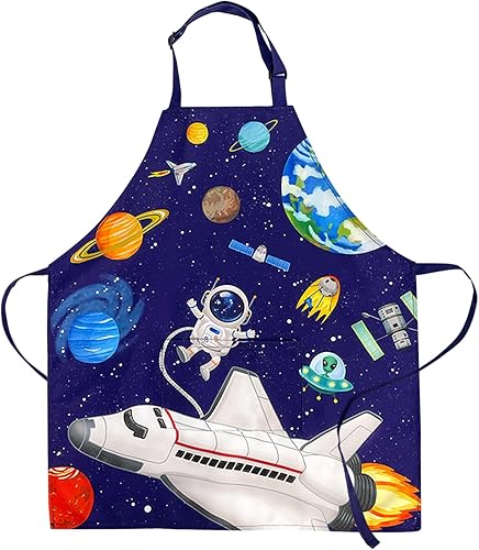DECOWALL AP-004 - Delantal para niños, planetas espaciales para niños y niñas, delantales de cocina con bolsillo para niños, cocina, hornear,