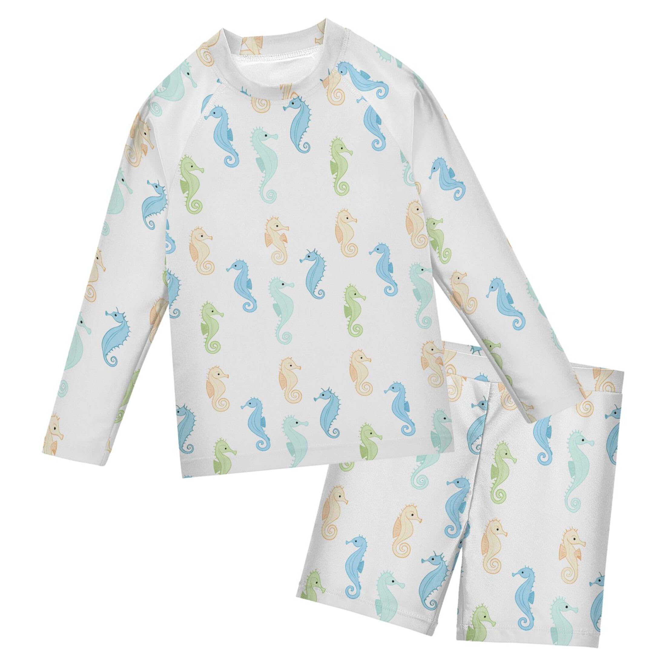 Cute Seahorse Boys Rash Guard Swimsuits Set for Boys Long Sleeve Swim Shirts Bathing Suits with Trunks B0404647