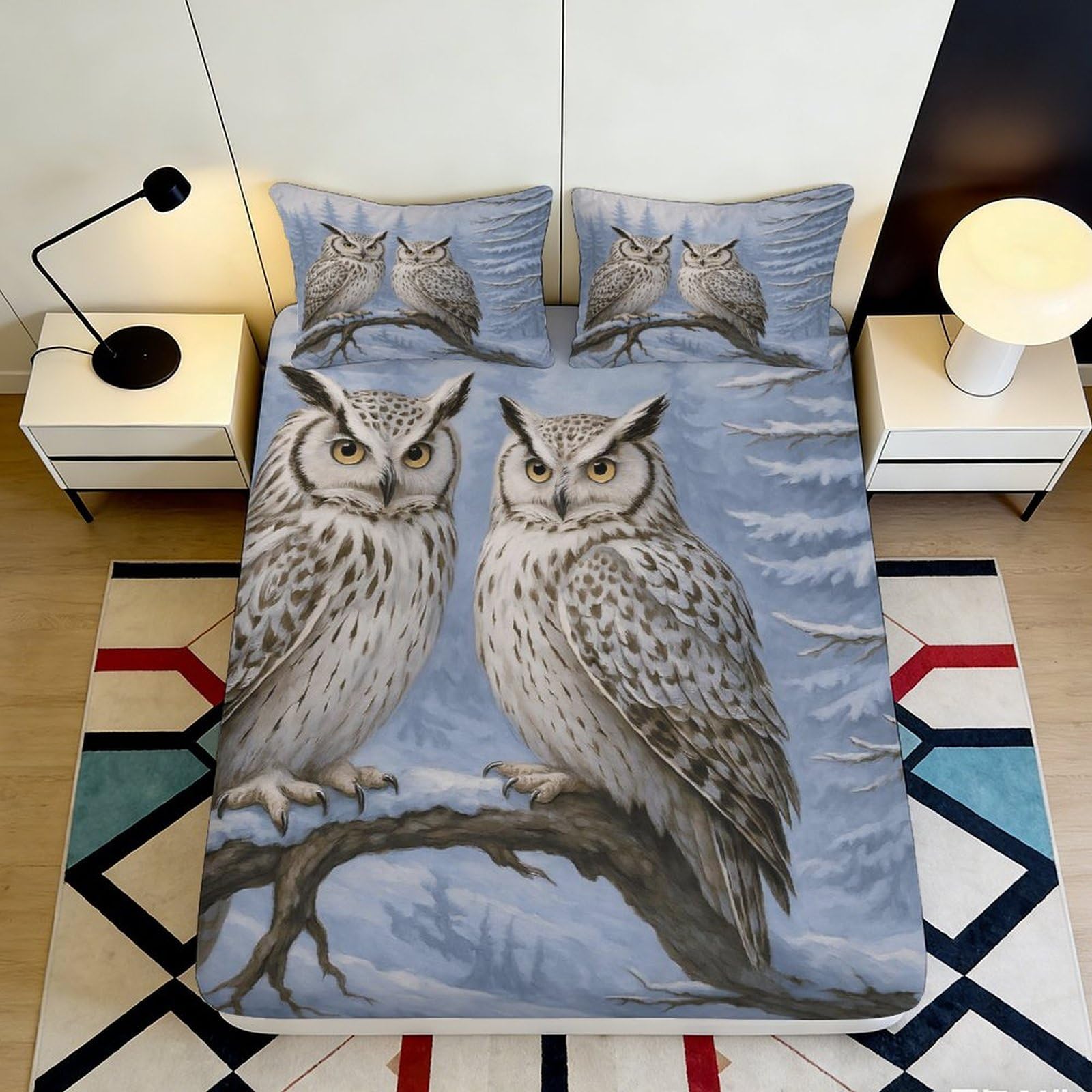 Pnayamiorkfel Style-4 3D Printed Snowy Owl Fitted Sheet Microfiber Soft Breathable Forest Night Mattress Cover For Bedroom Guestroom Decor 90X200x25cm